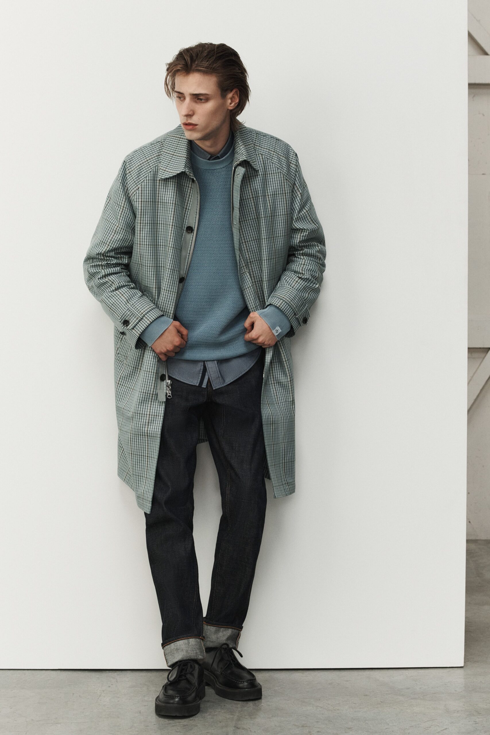 blue checked coat with sweater