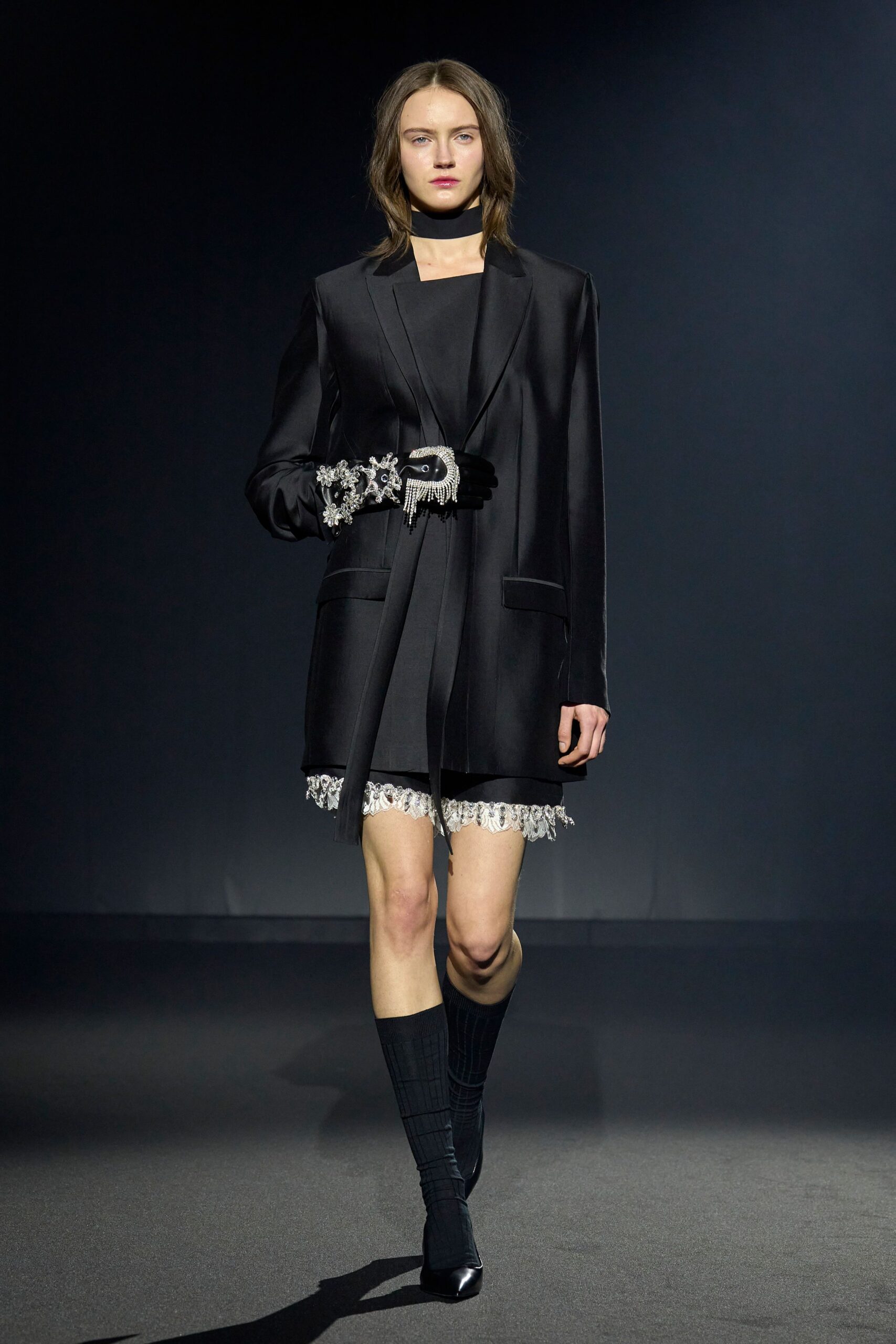 black tailored blazer and mini dress