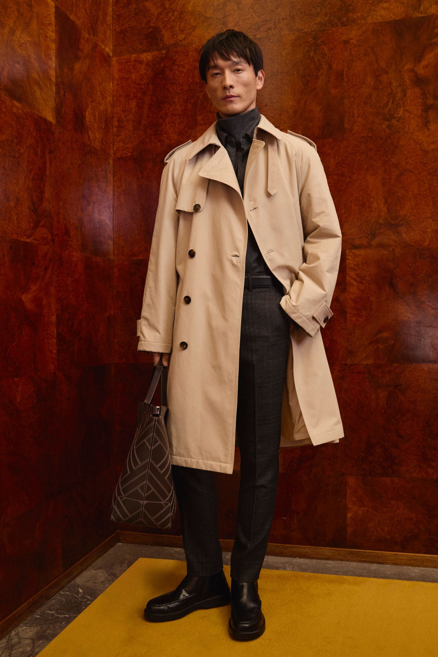 beige cotton long-sleeve collared relaxed buttoned trench