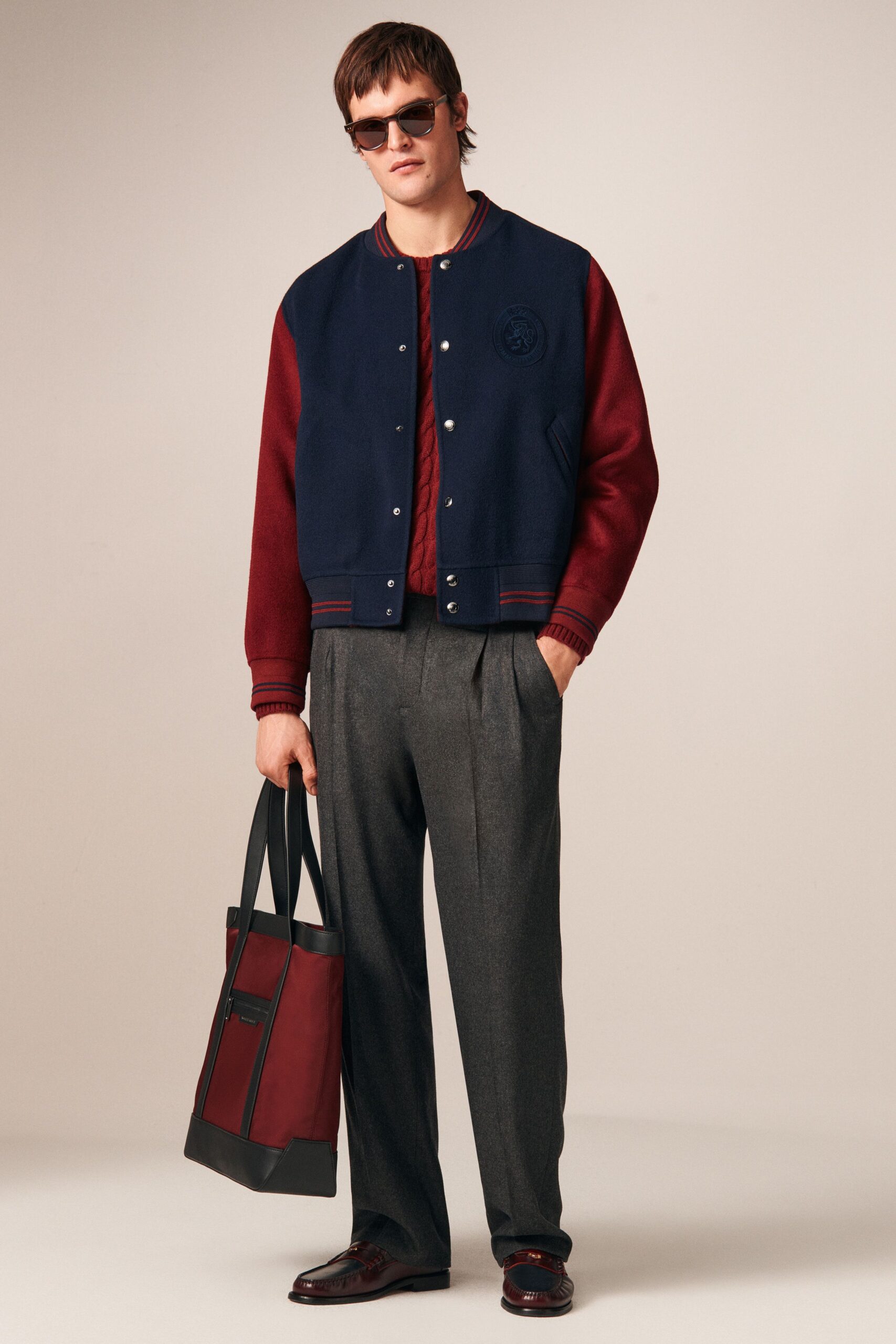 navy red relaxed jacket with gray pants