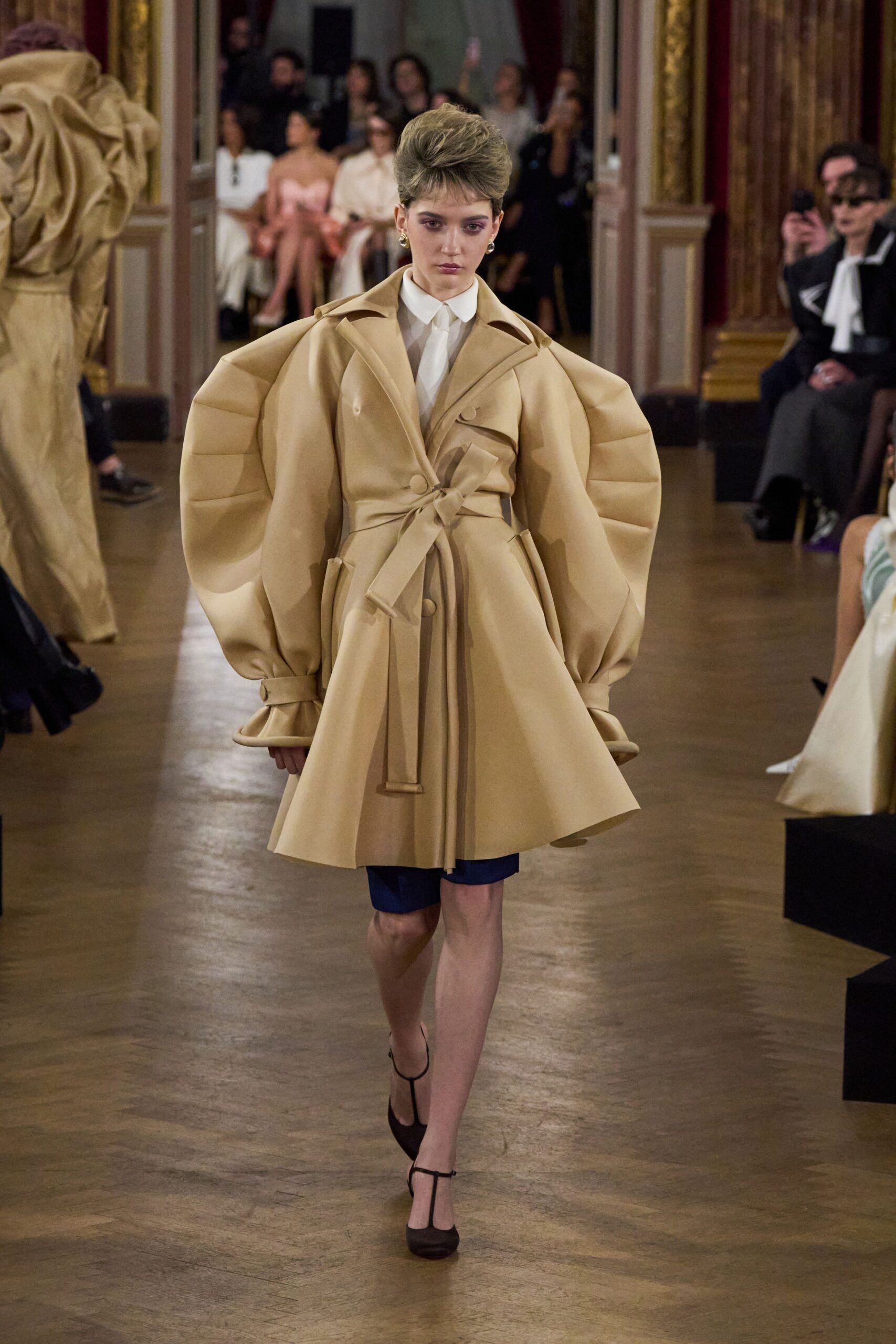 beige cotton long-sleeve collared fitted belted draped coat