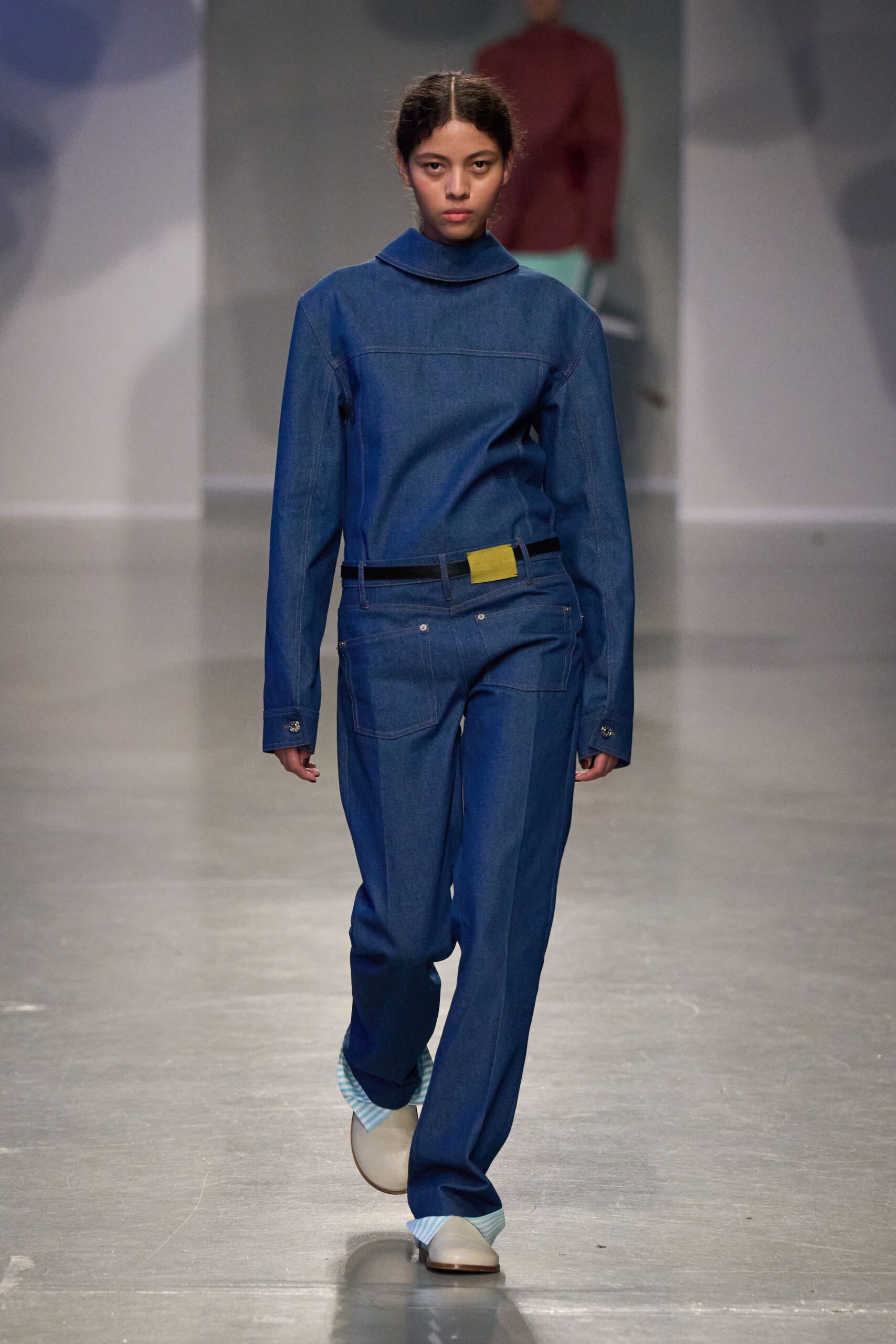 blue denim long-sleeve high-neck fitted top