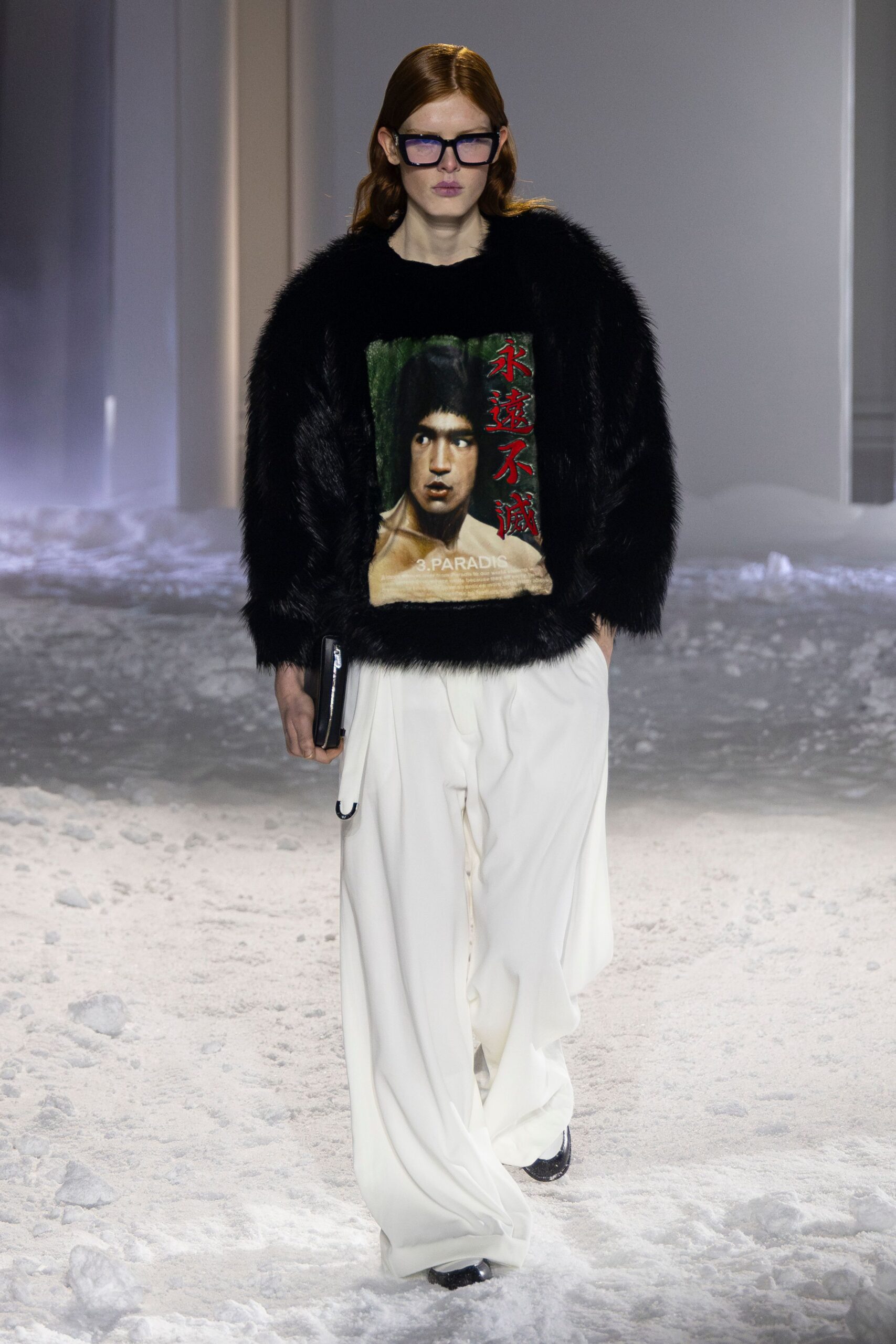 black faux-fur long-sleeve collared relaxed printed sweater