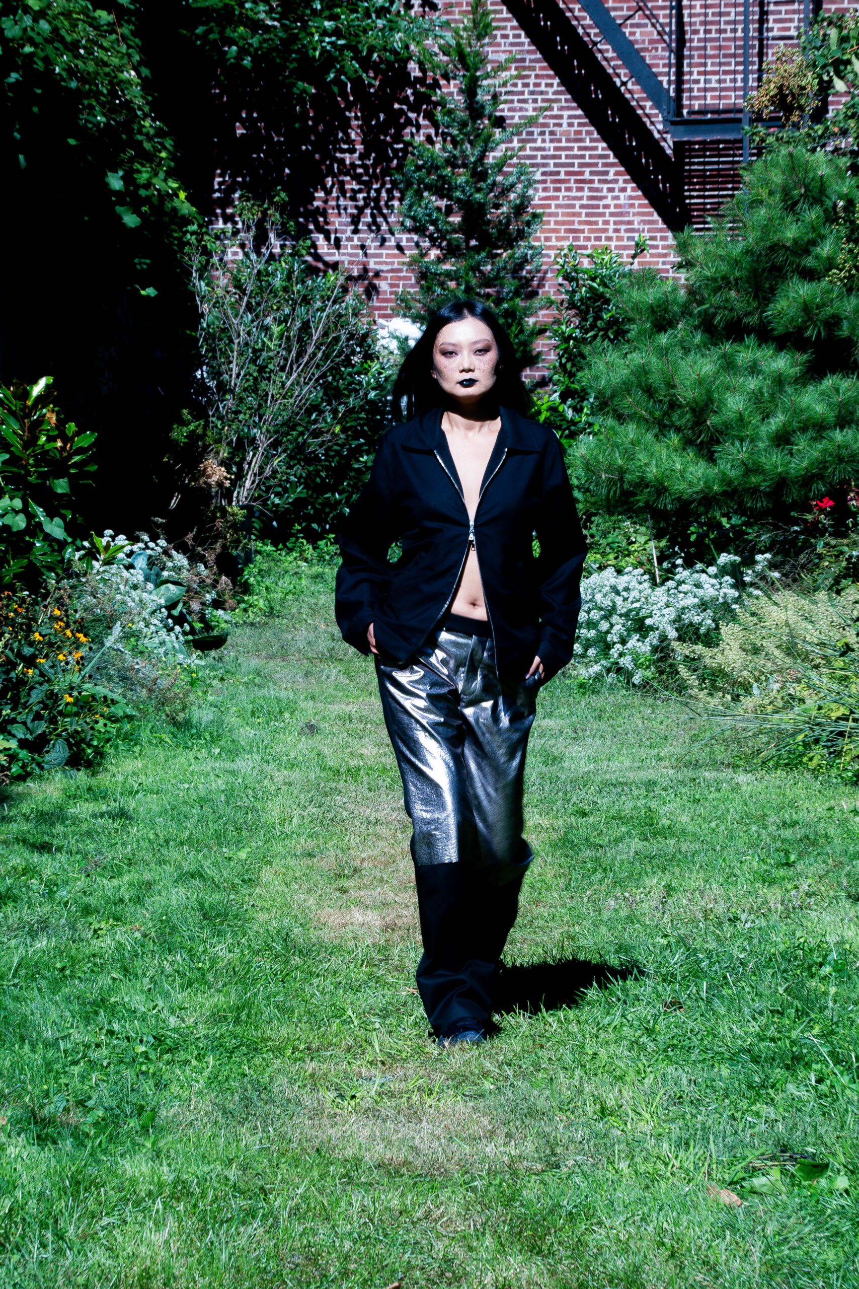 gray metallic fitted straight-leg shiny pants