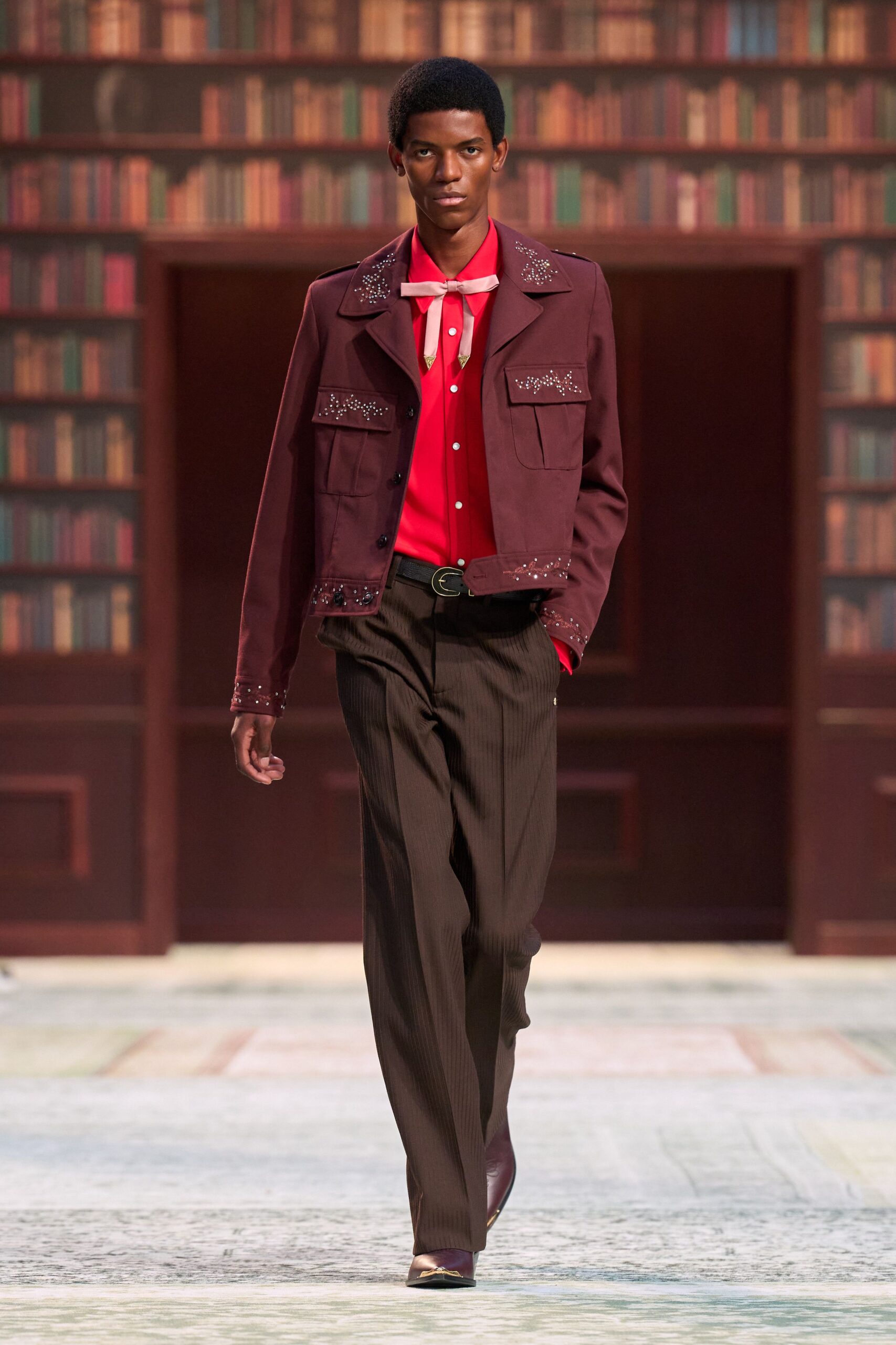 brown jacket red shirt tailored pants