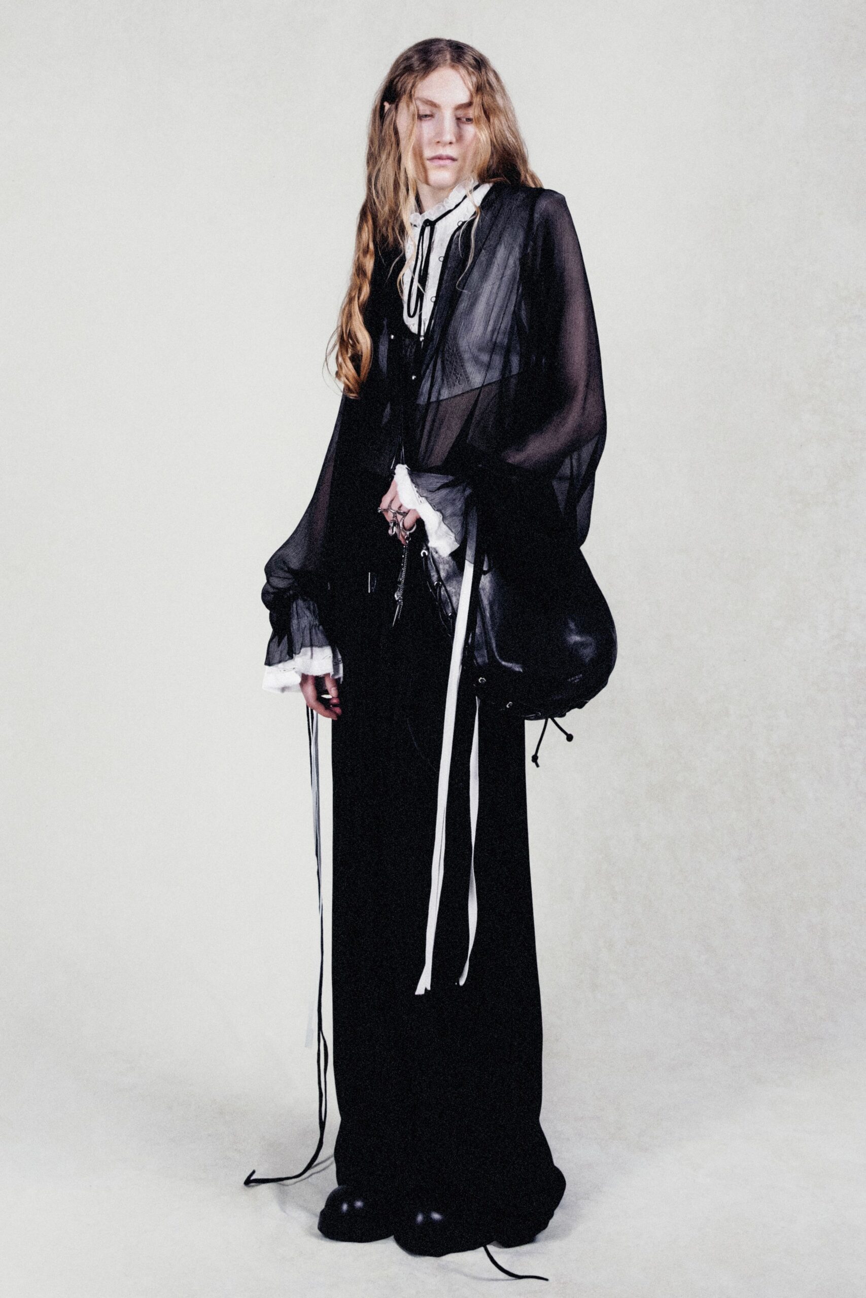 black silk long-sleeve collared relaxed layered dress