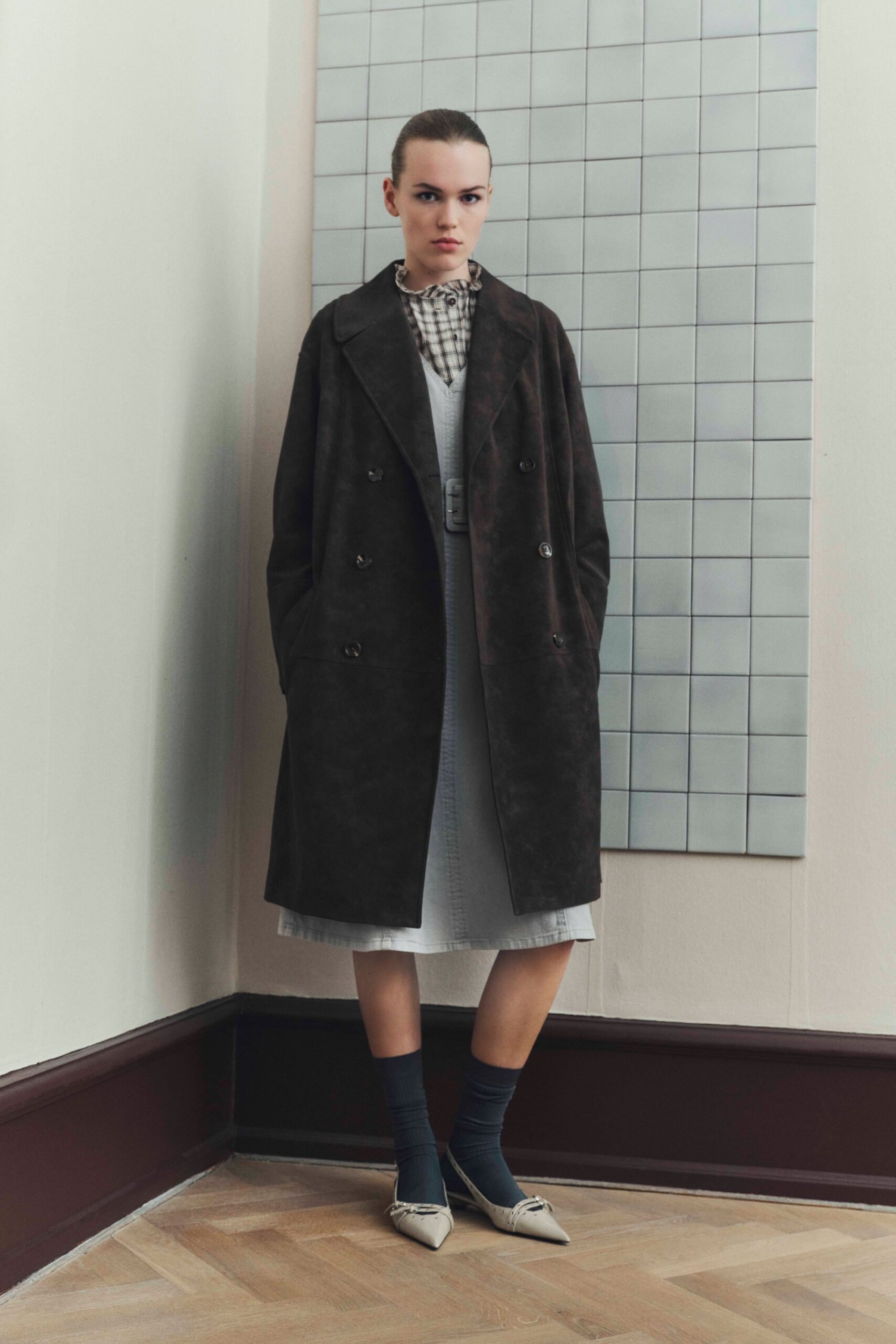 brown suede coat gray dress beige shoes