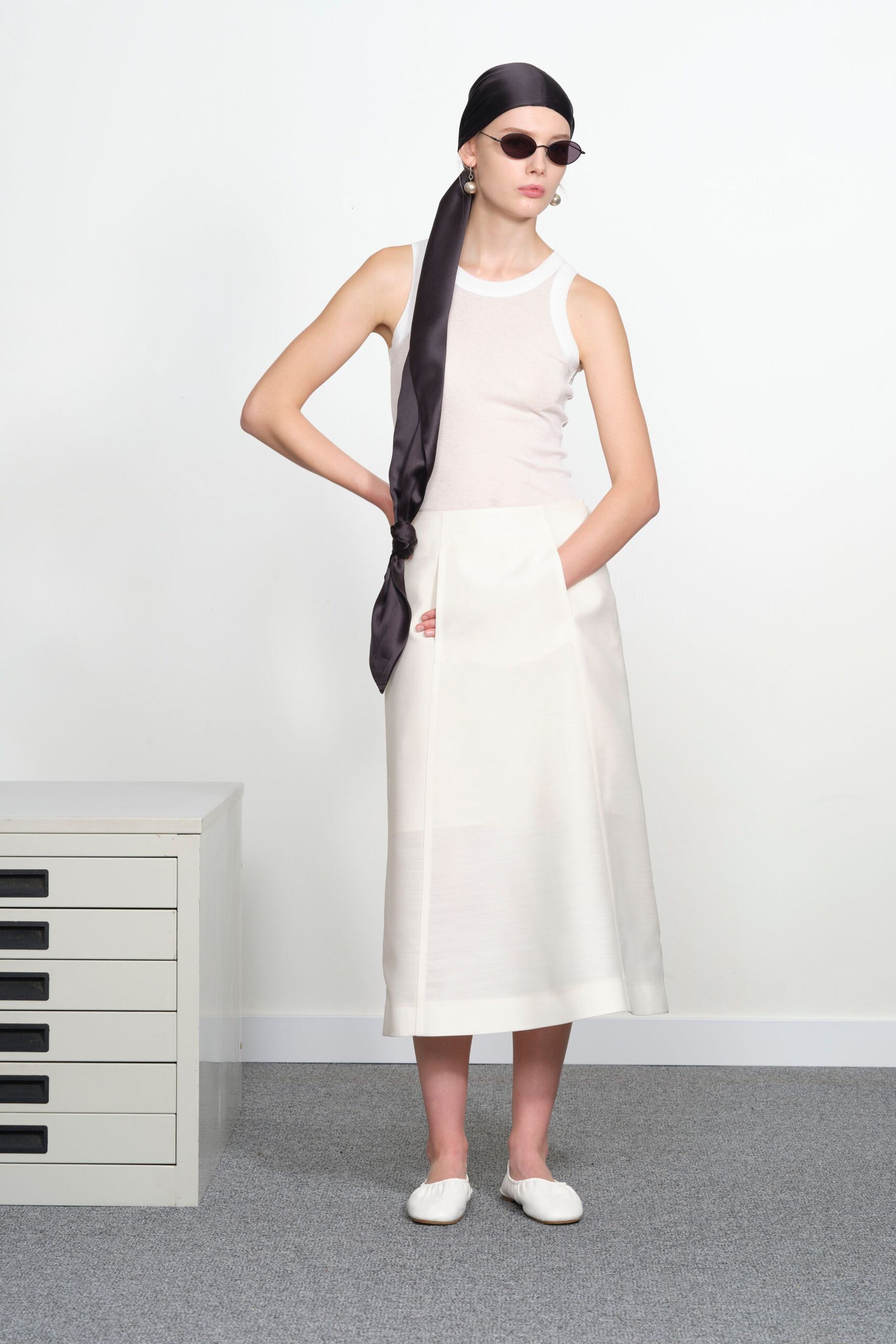 white cotton relaxed a-line midi skirt