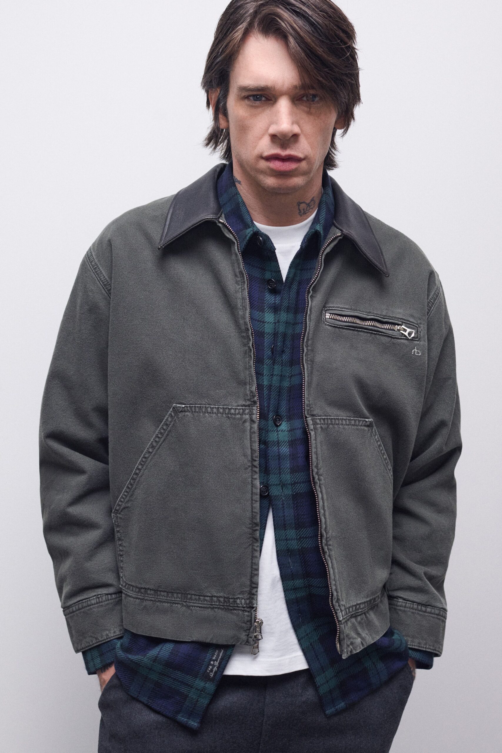 gray relaxed jacket with checked shirt