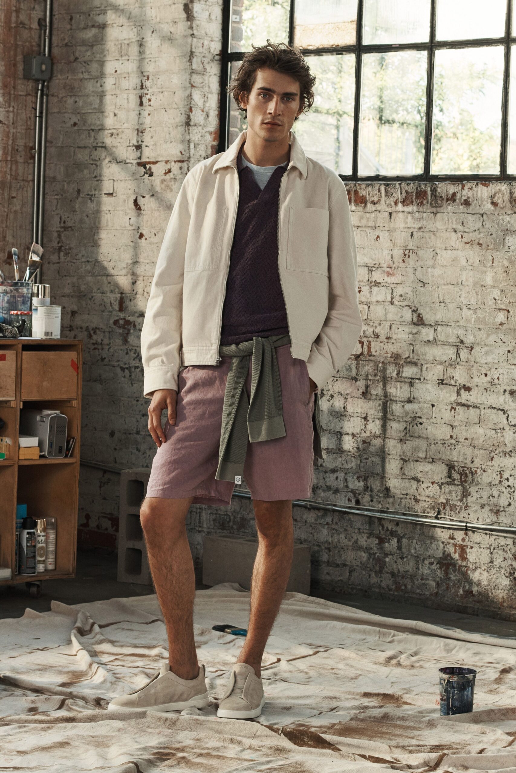 white jacket purple sweater pink shorts