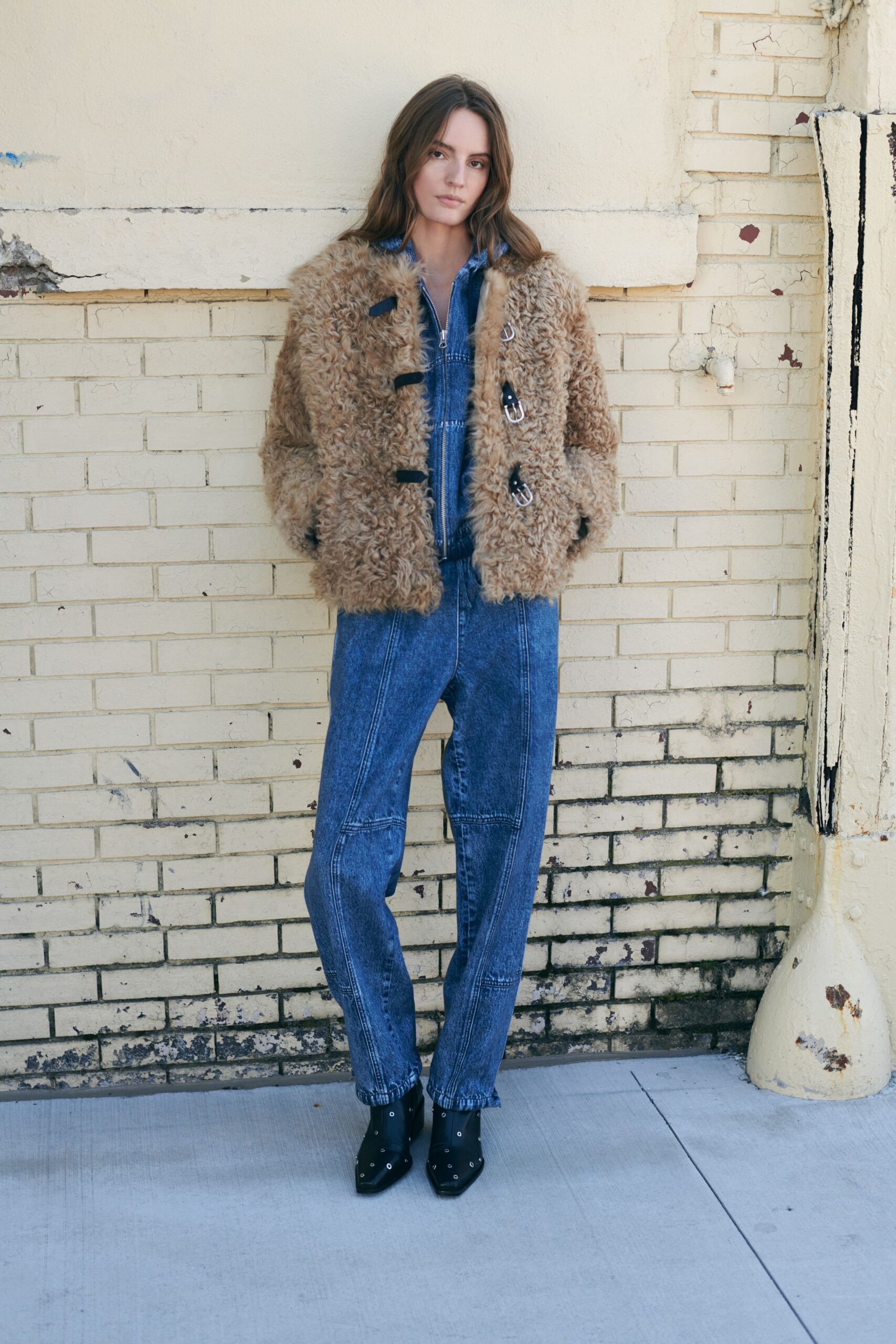 blue denim long-sleeve collared fitted zippered jumpsuit