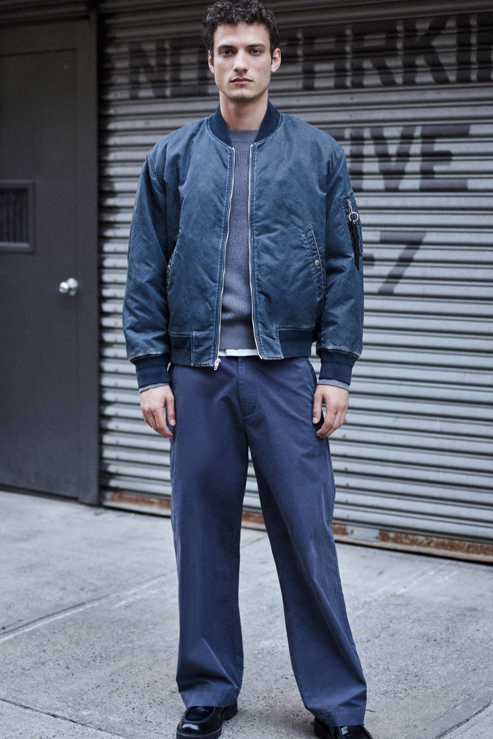 blue jacket gray sweater relaxed pants