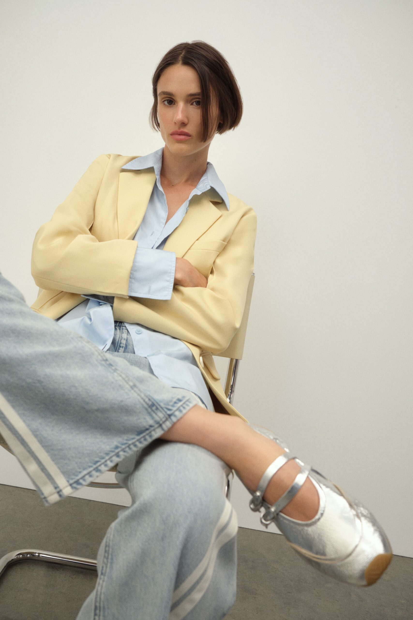 yellow tailored blazer with blue shirt