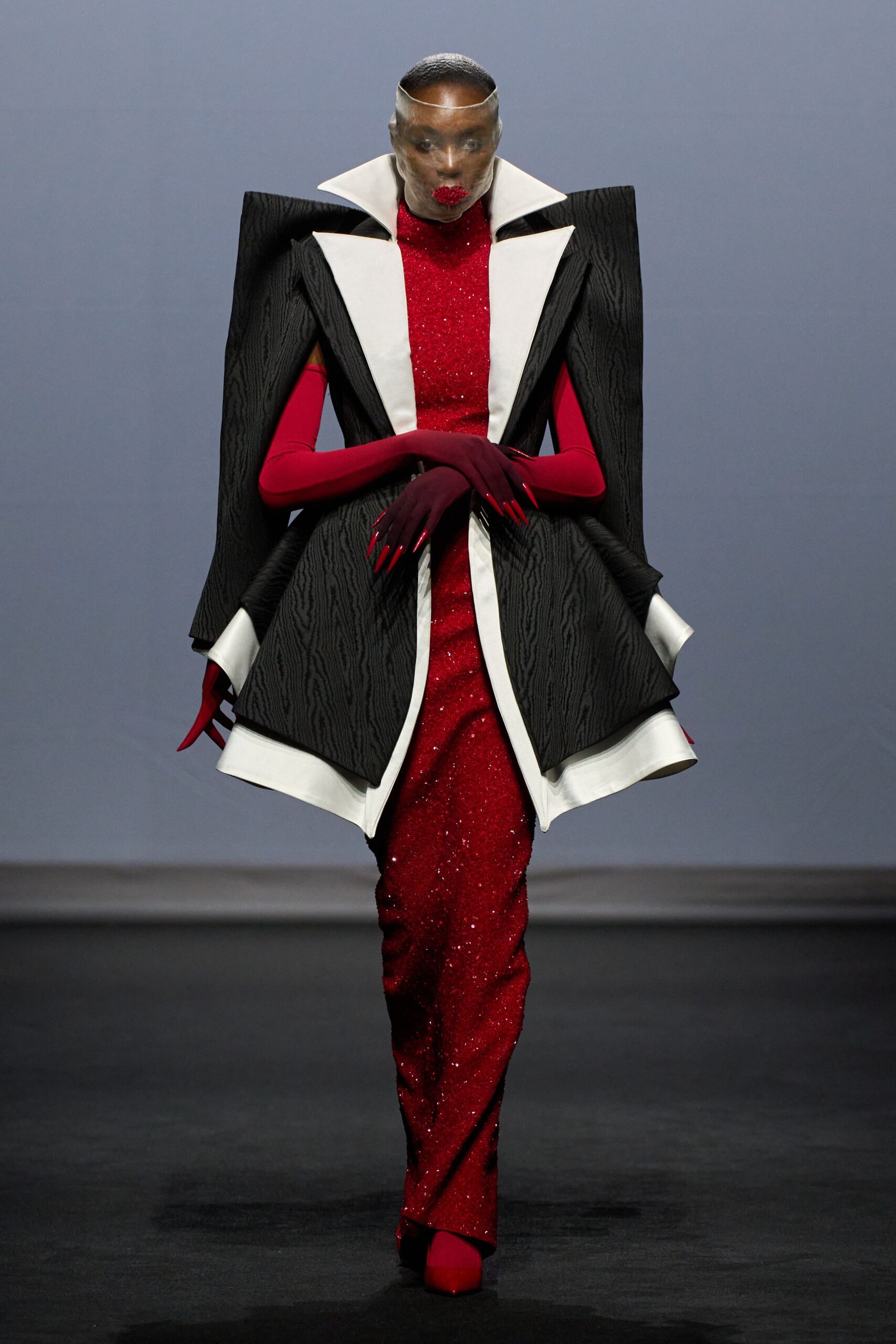 red silk long-sleeve v-neck fitted sequined layered gown