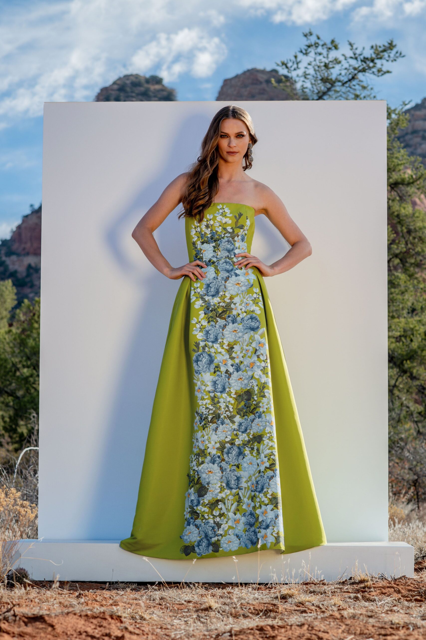 green floral strapless gown