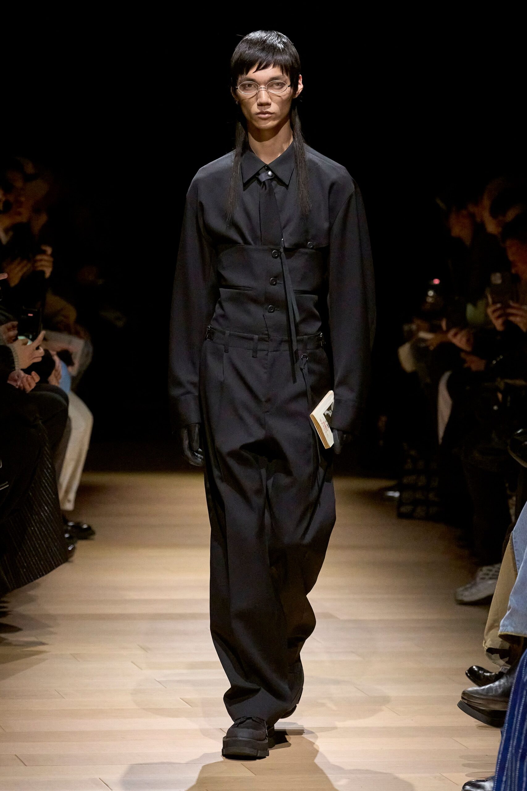 black relaxed jumpsuit with gloves