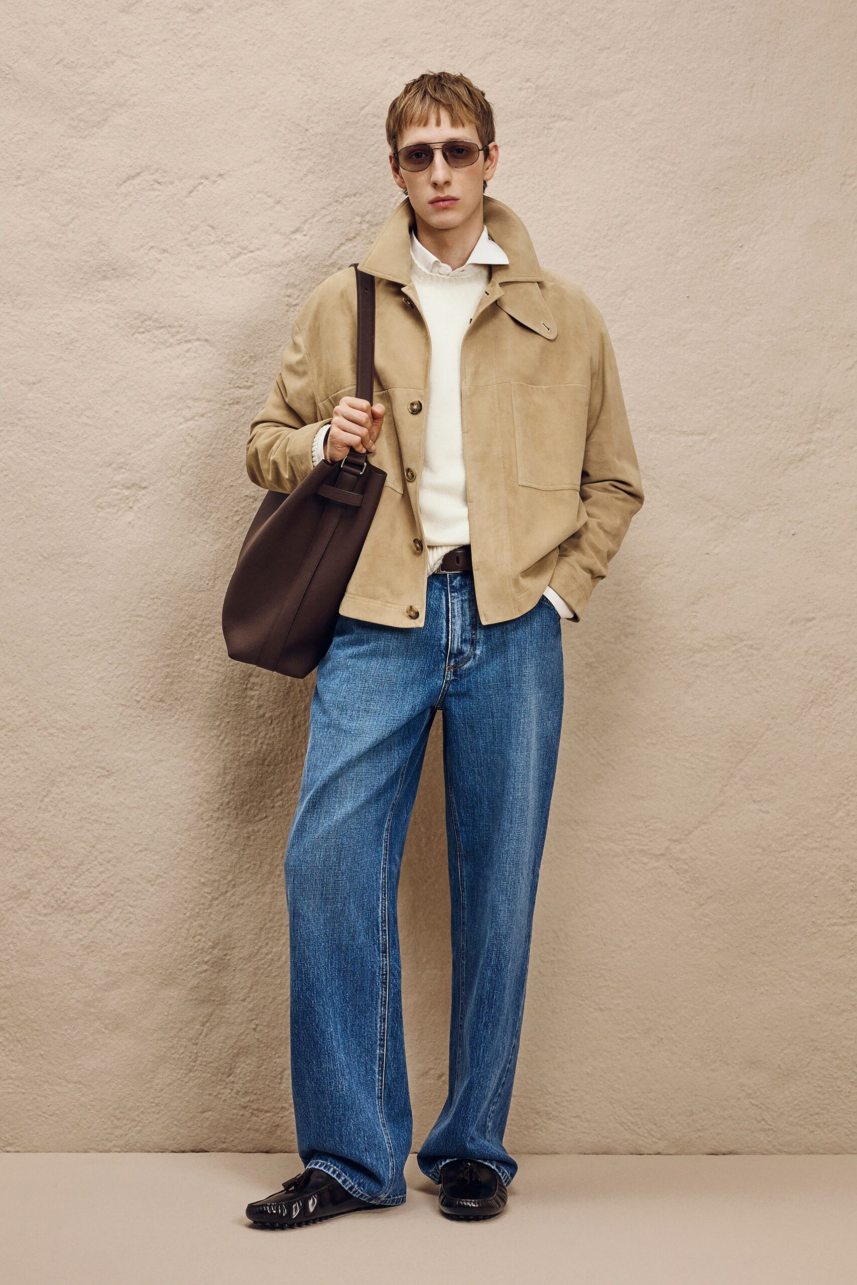 beige suede long-sleeve collared relaxed jacket