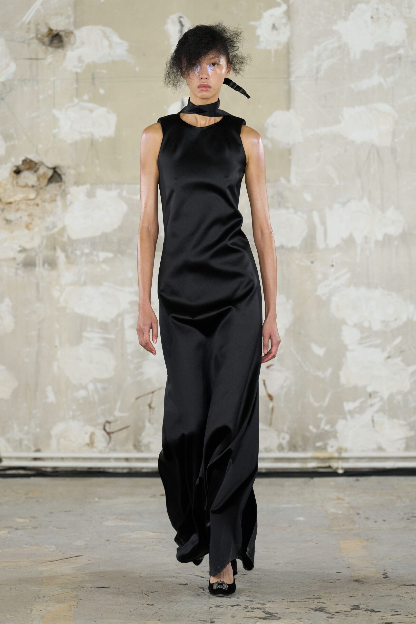 black silk sleeveless gown