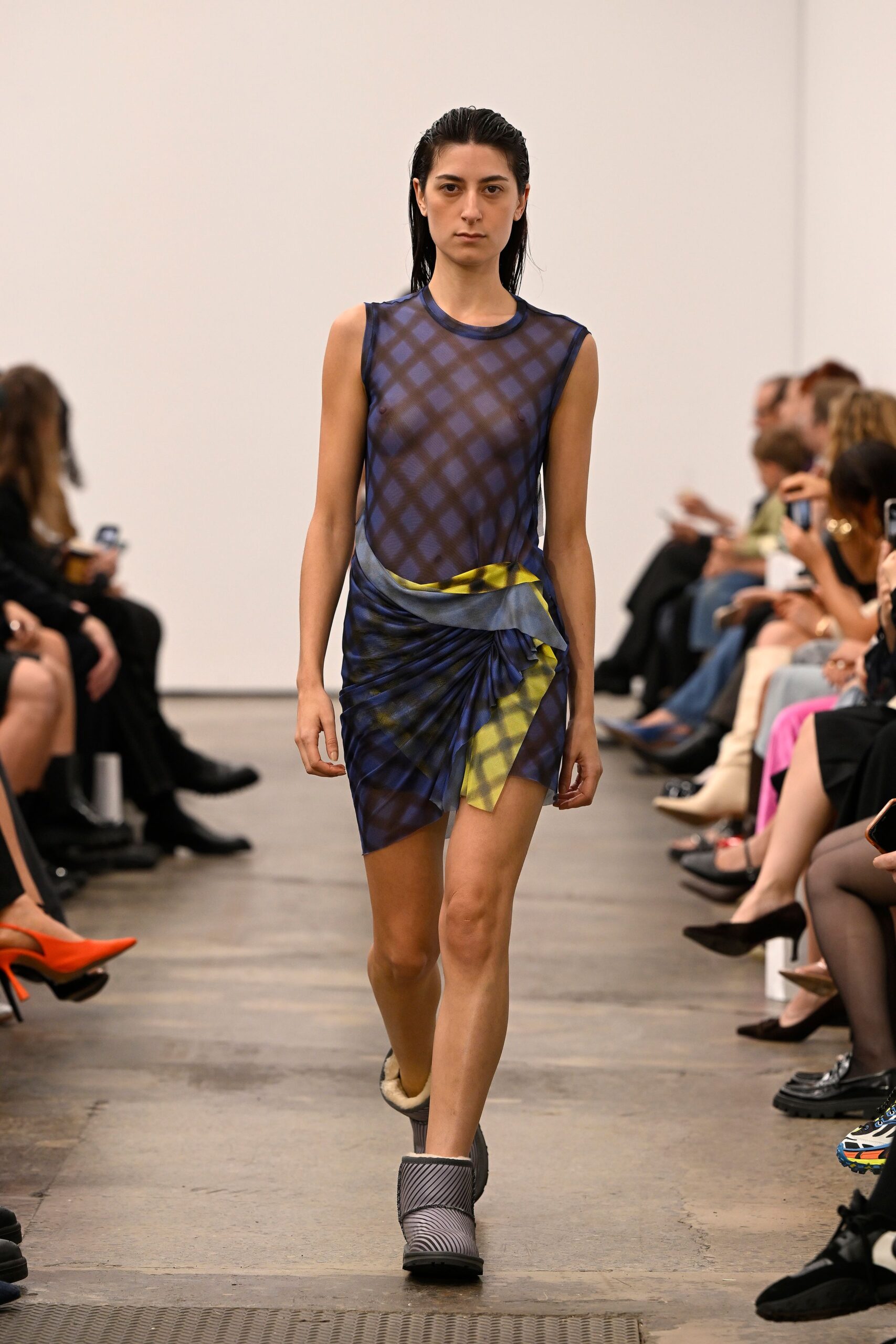 blue mesh sleeveless high-neck fitted printed sheer dress