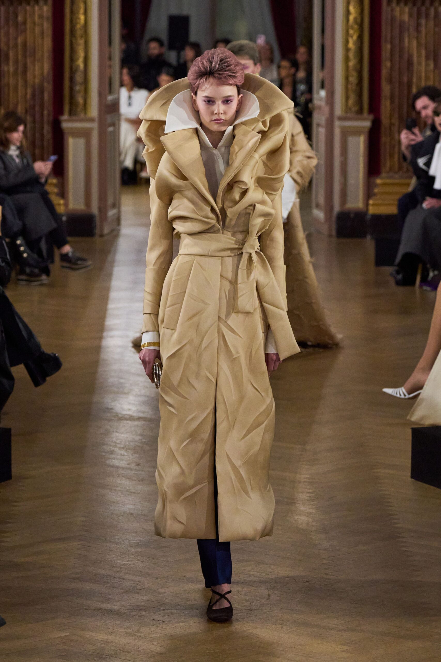 beige silk long-sleeve collared fitted pleated draped coat