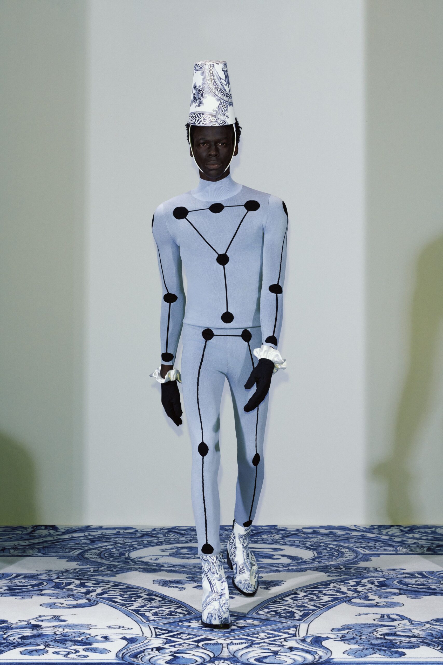 blue cotton long-sleeve high-neck fitted printed catsuit