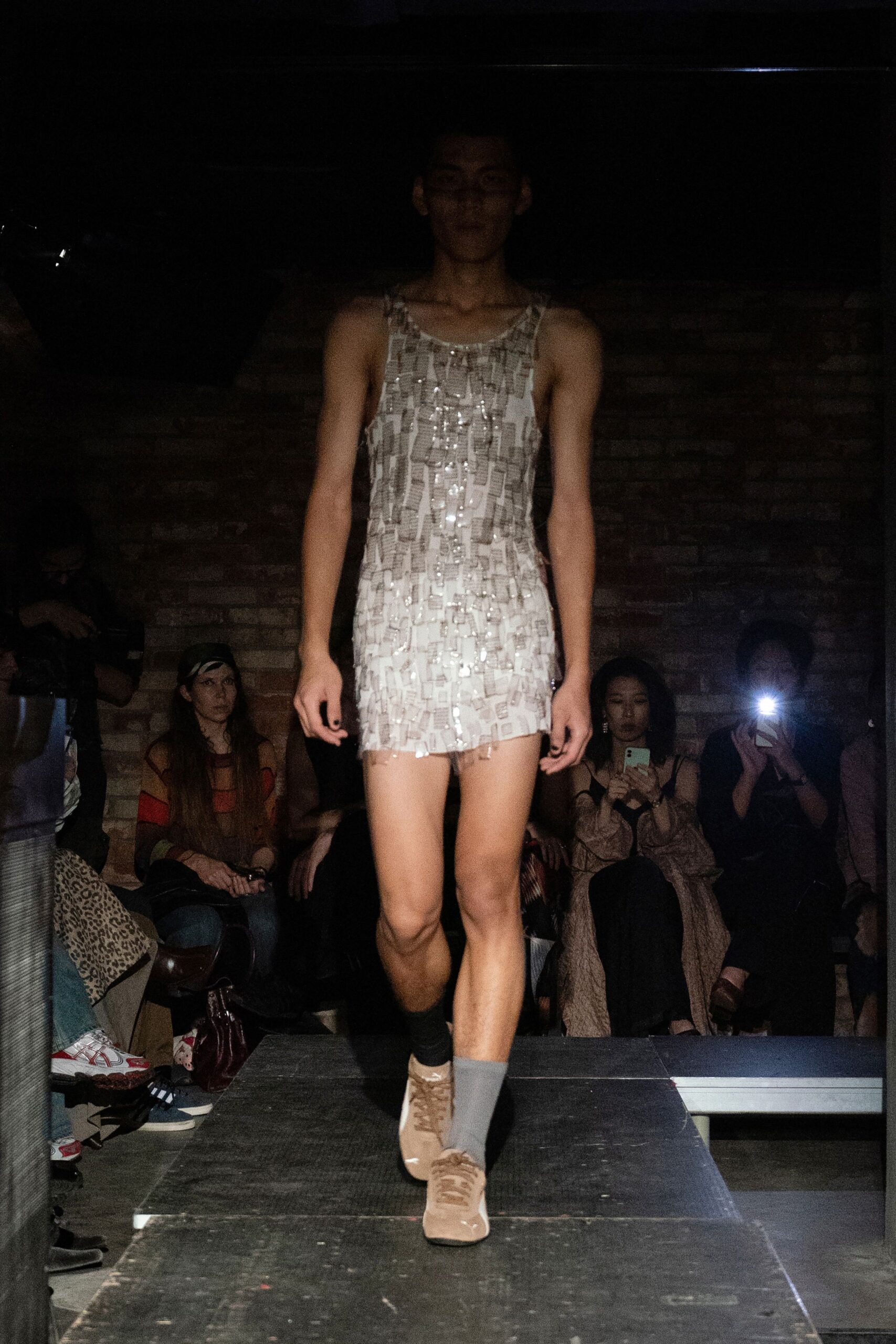 gray sequin sleeveless v-neck fitted fringed shiny dress
