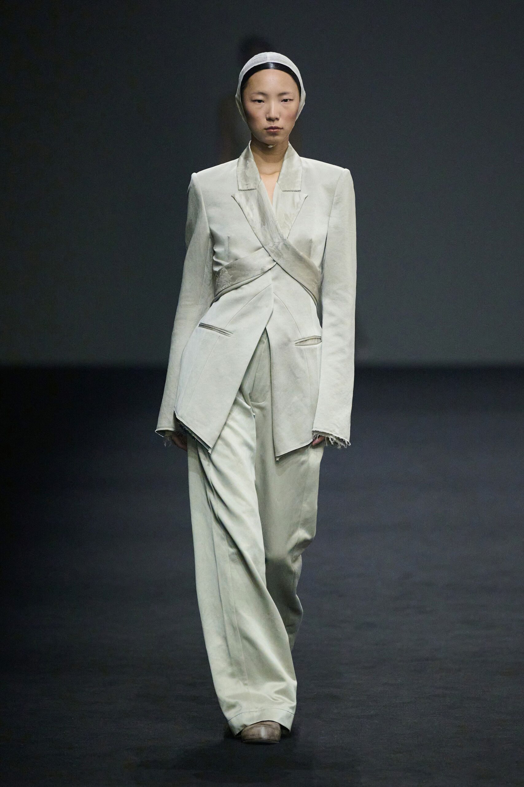 white tailored suit with headband