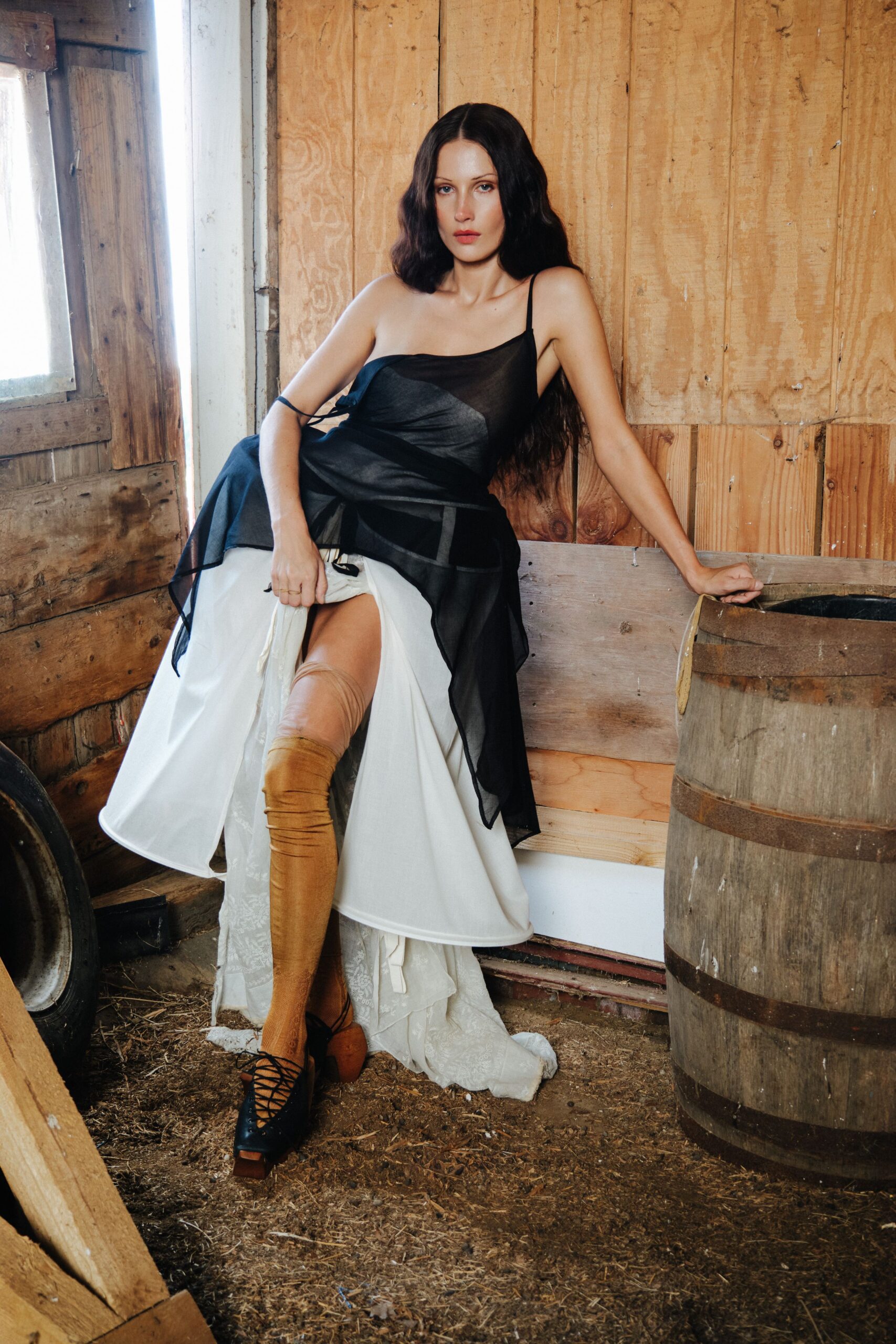 black and white layered midi dress