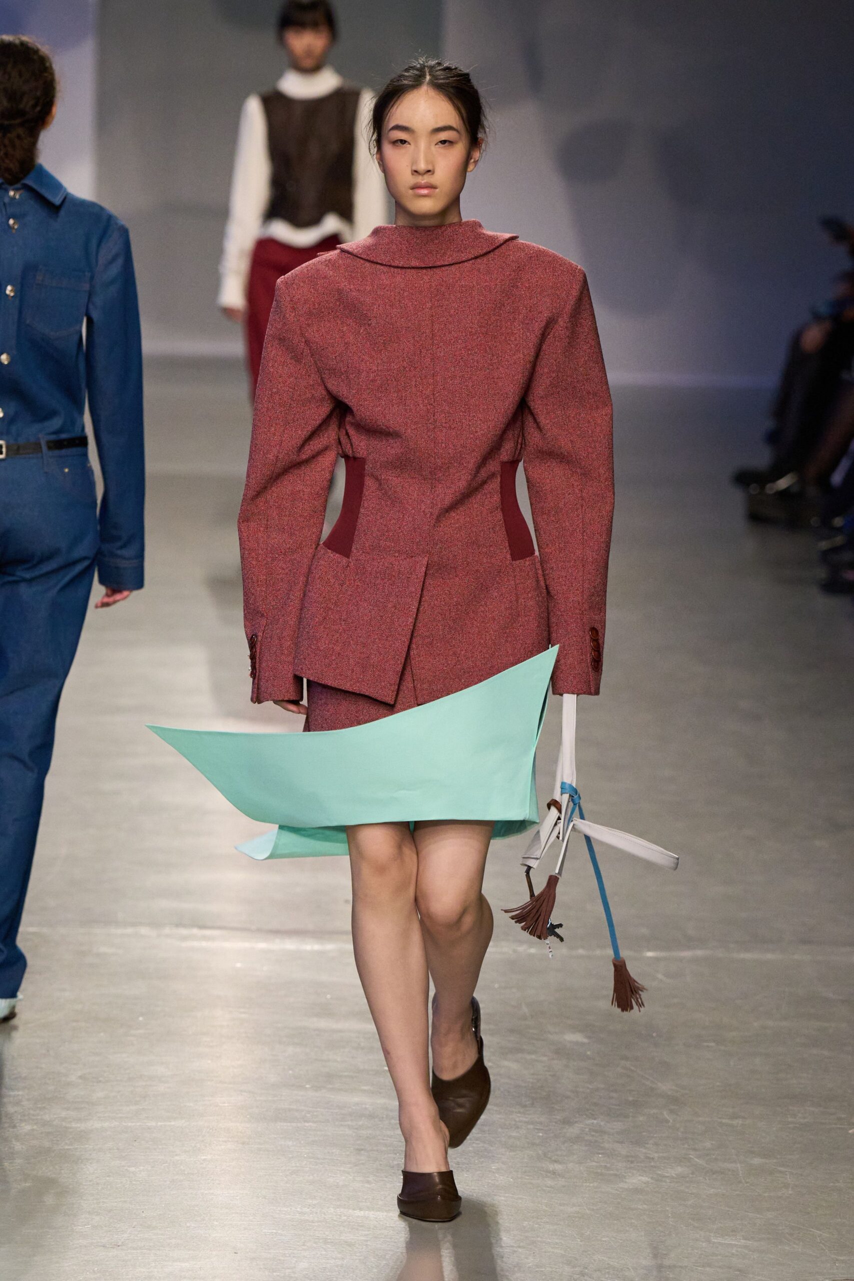 red wool long-sleeve collared structured buttoned blazer