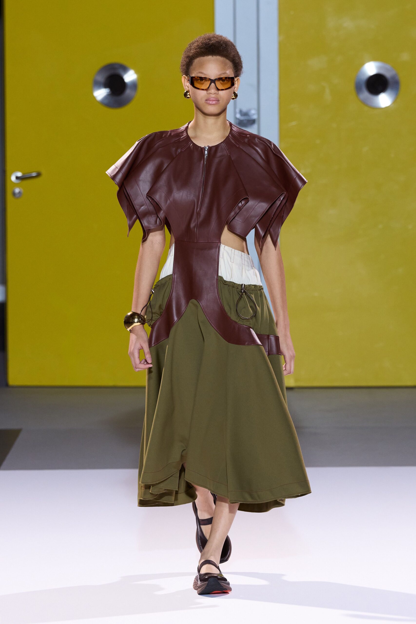 brown green leather midi dress