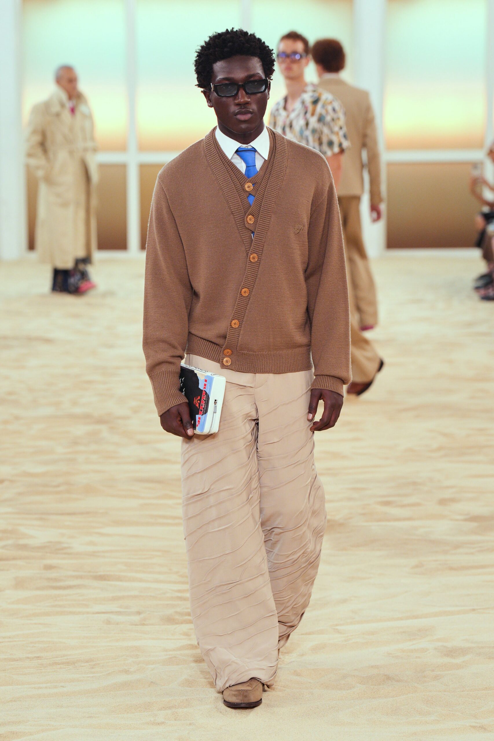 brown cardigan beige pants