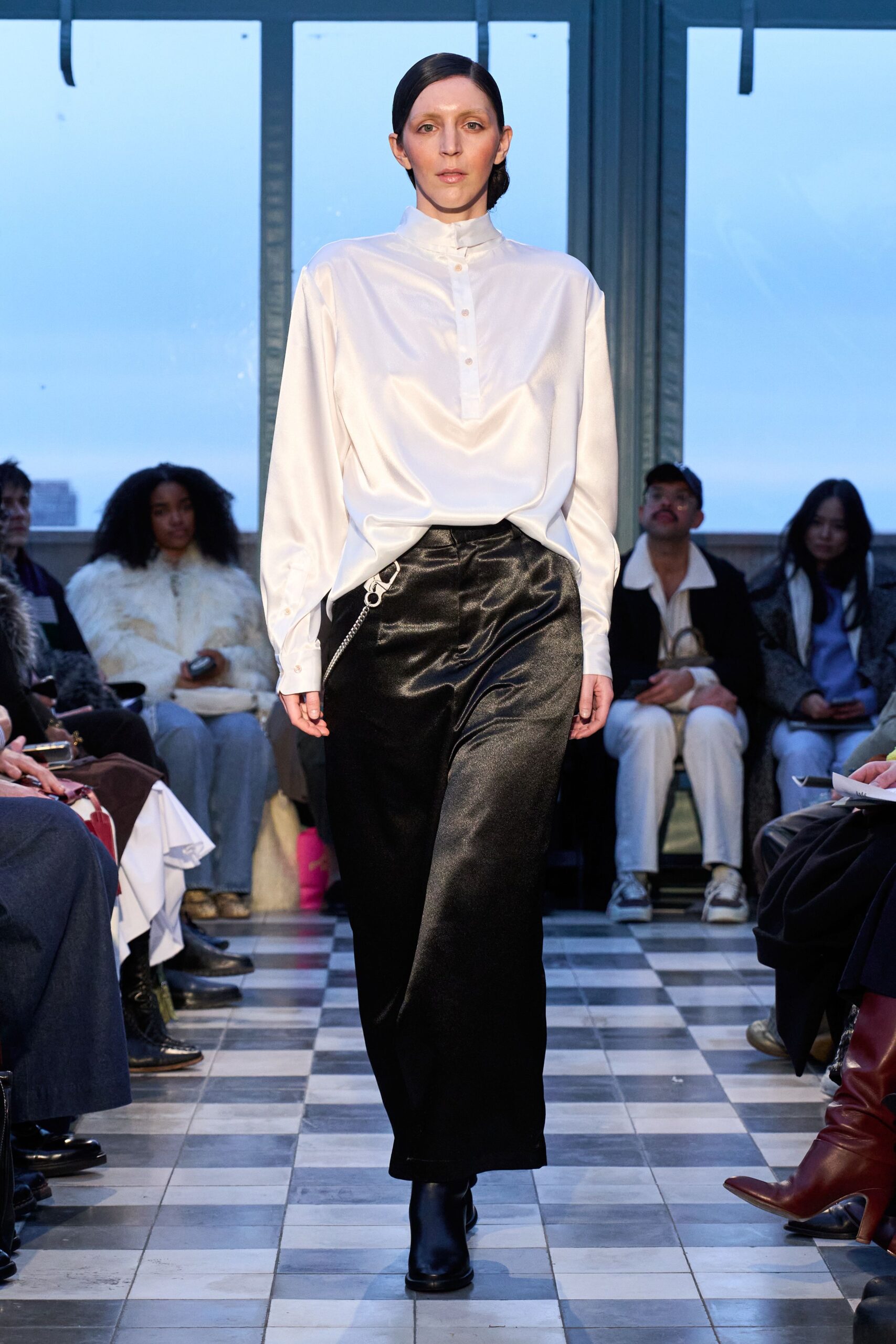 white silk shirt black pants