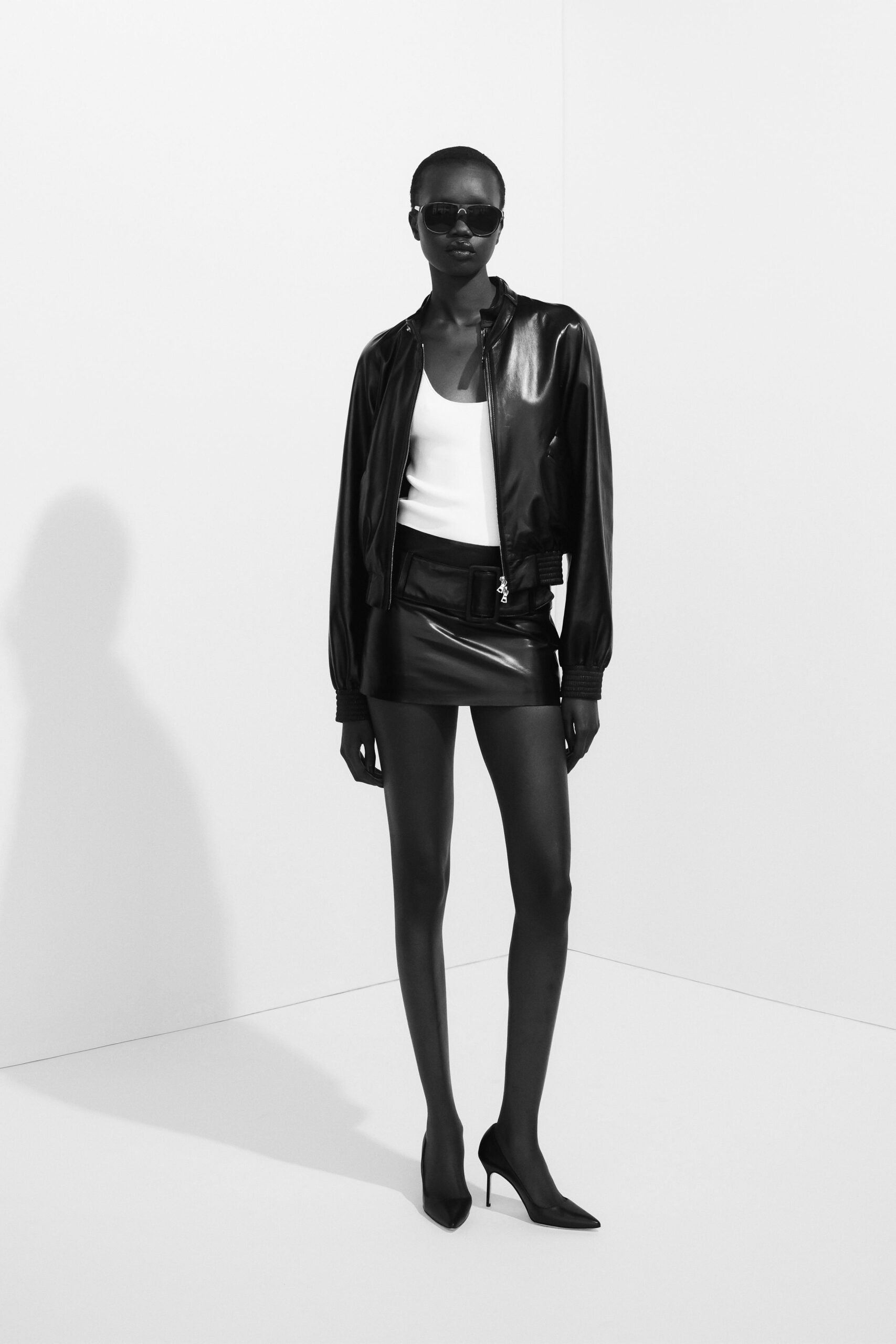 black leather jacket with mini skirt