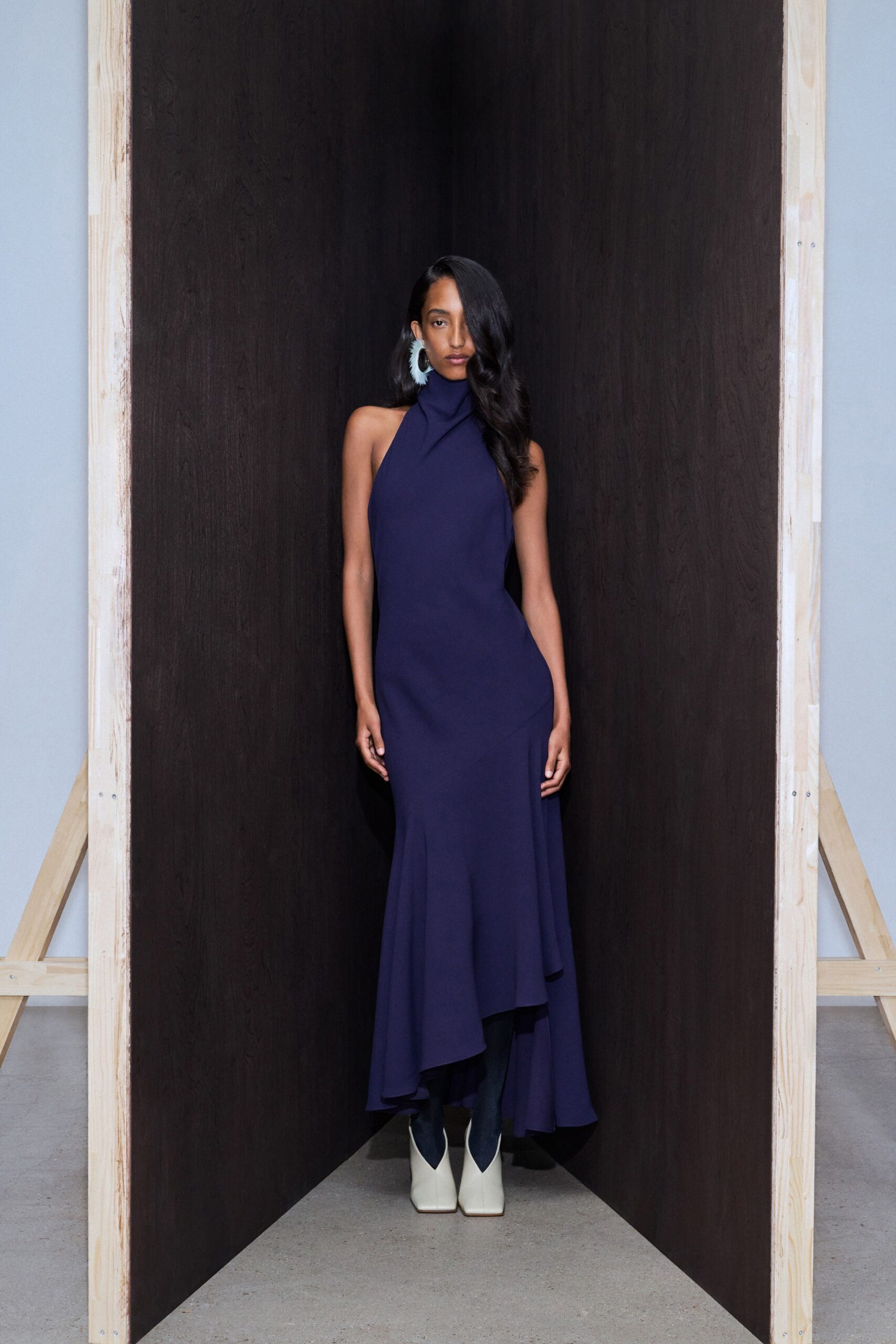 blue silk sleeveless high-neck fitted flared maxi gown