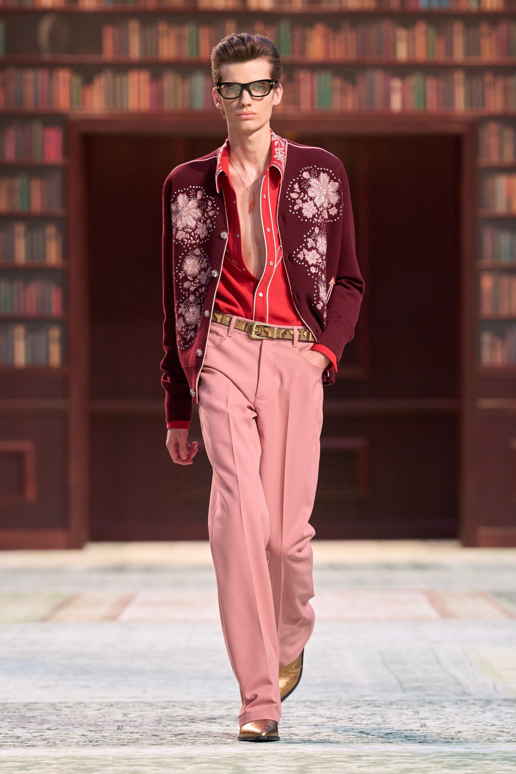 red shirt maroon cardigan pink pants