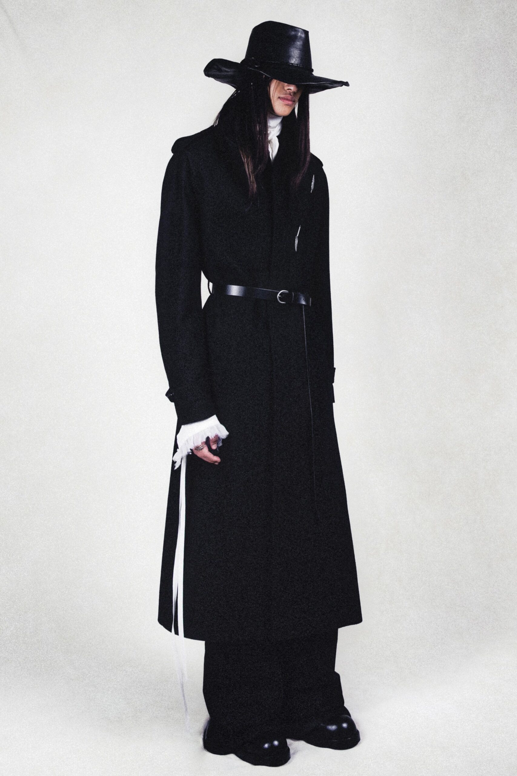 black wool long-sleeve collared fitted belted maxi coat