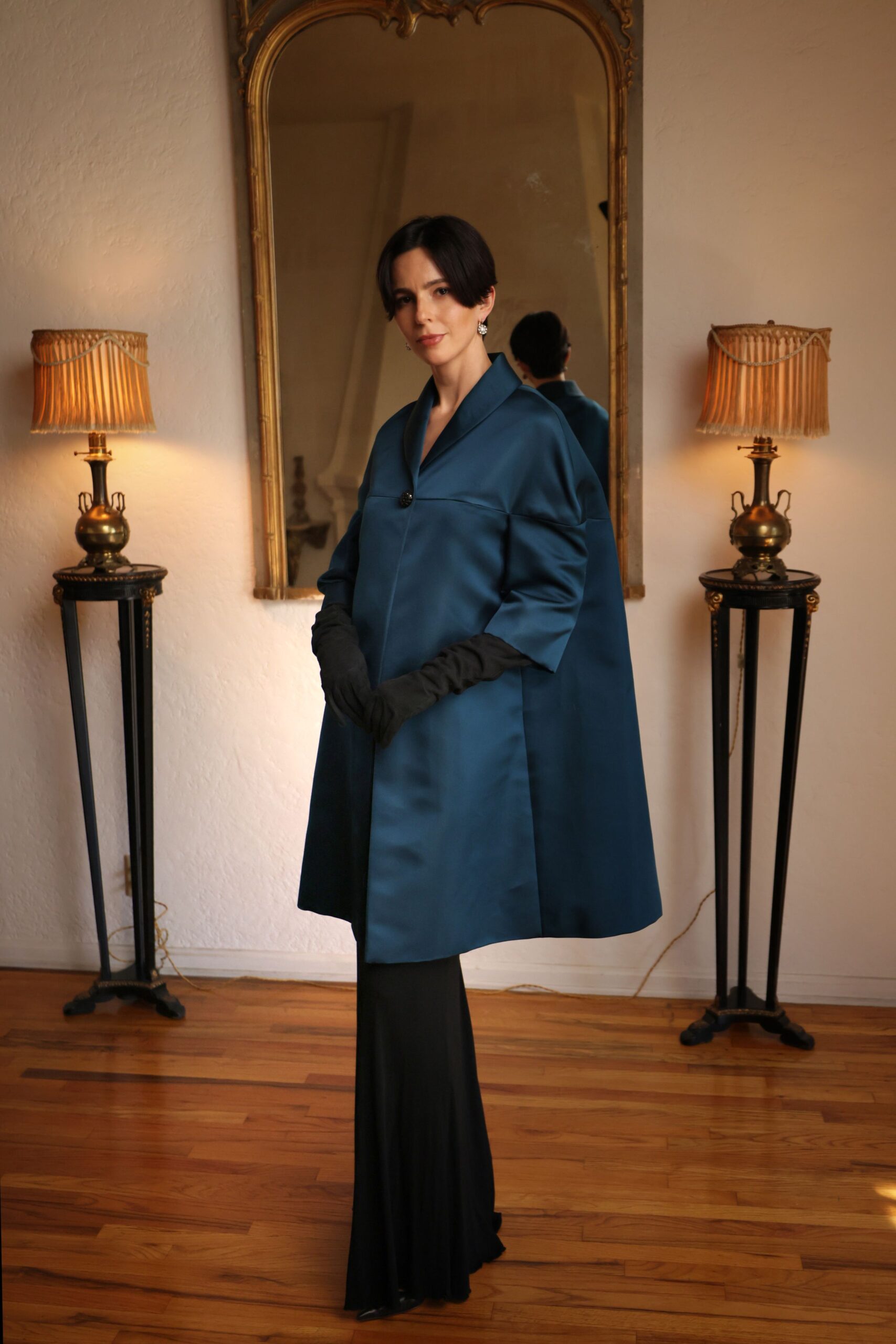 blue satin long-sleeve collared structured cape