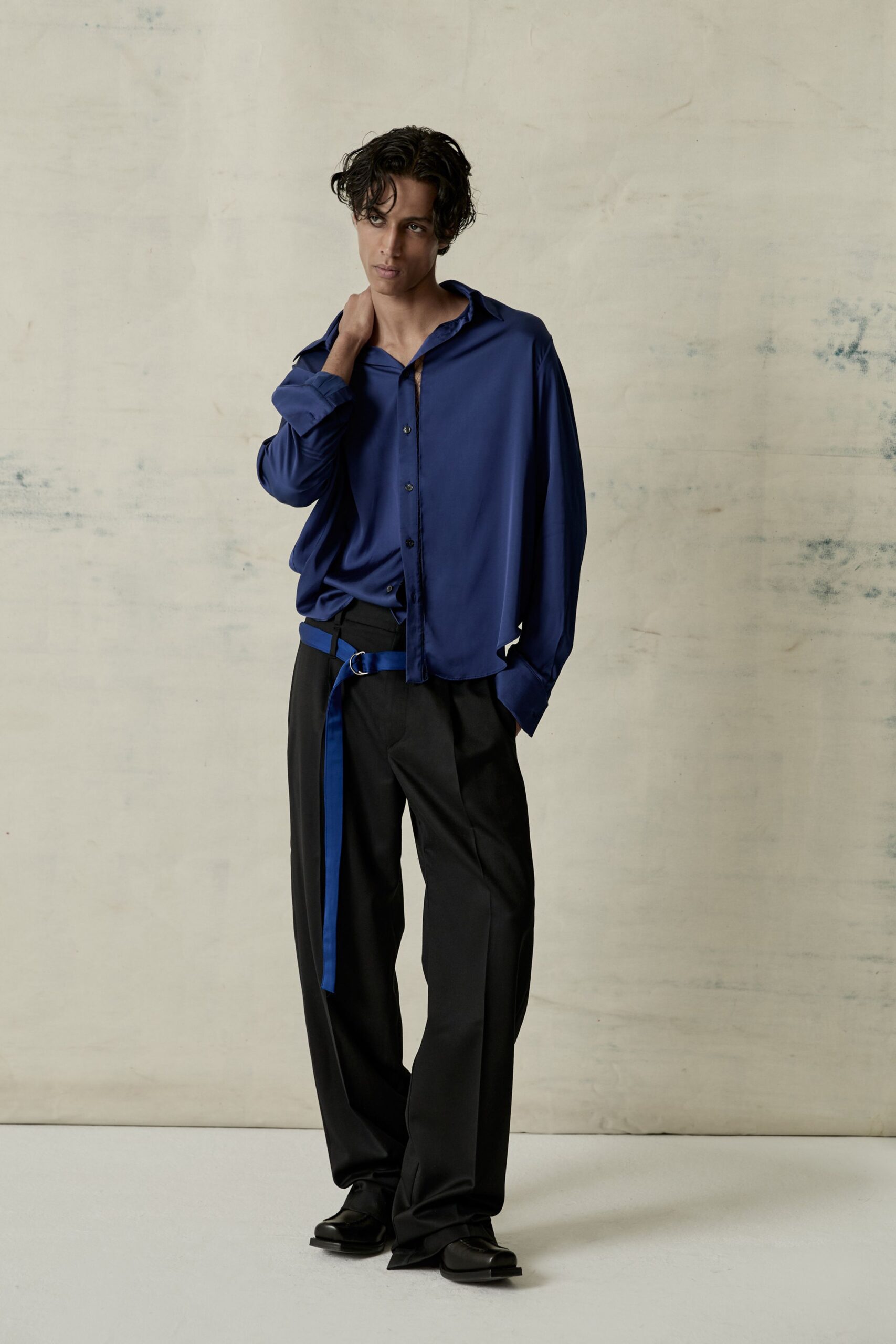 blue silk shirt black tailored pants