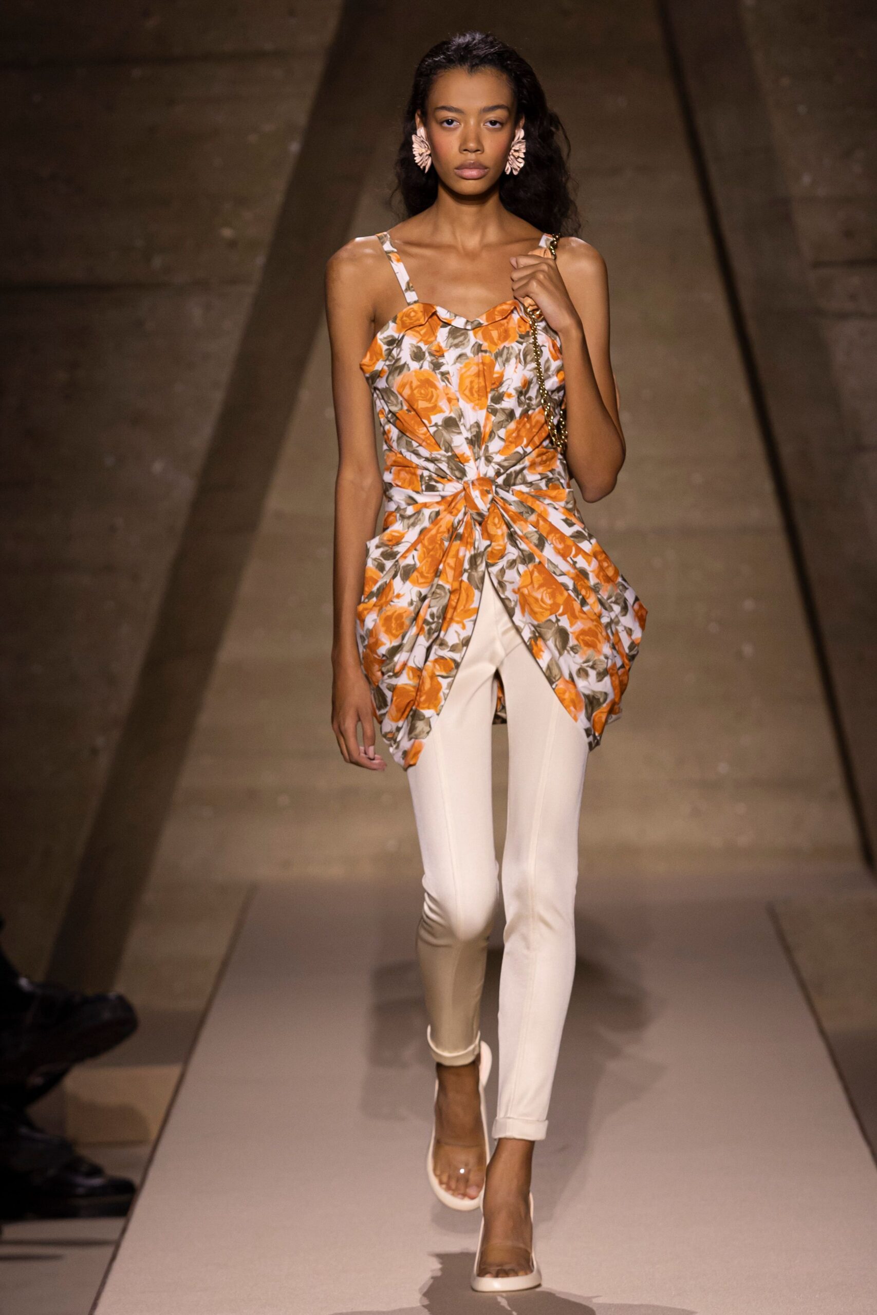 floral orange silk top with white pants