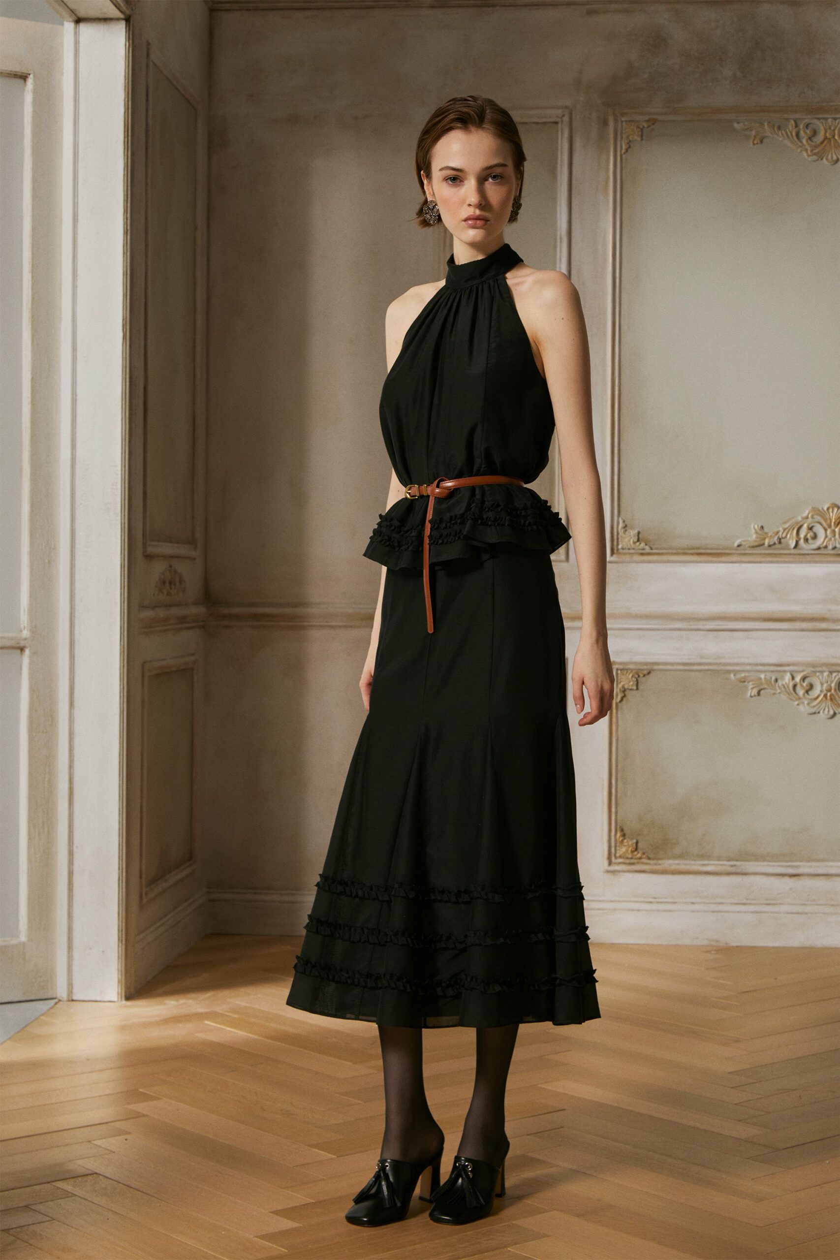 black fitted midi dress with belt