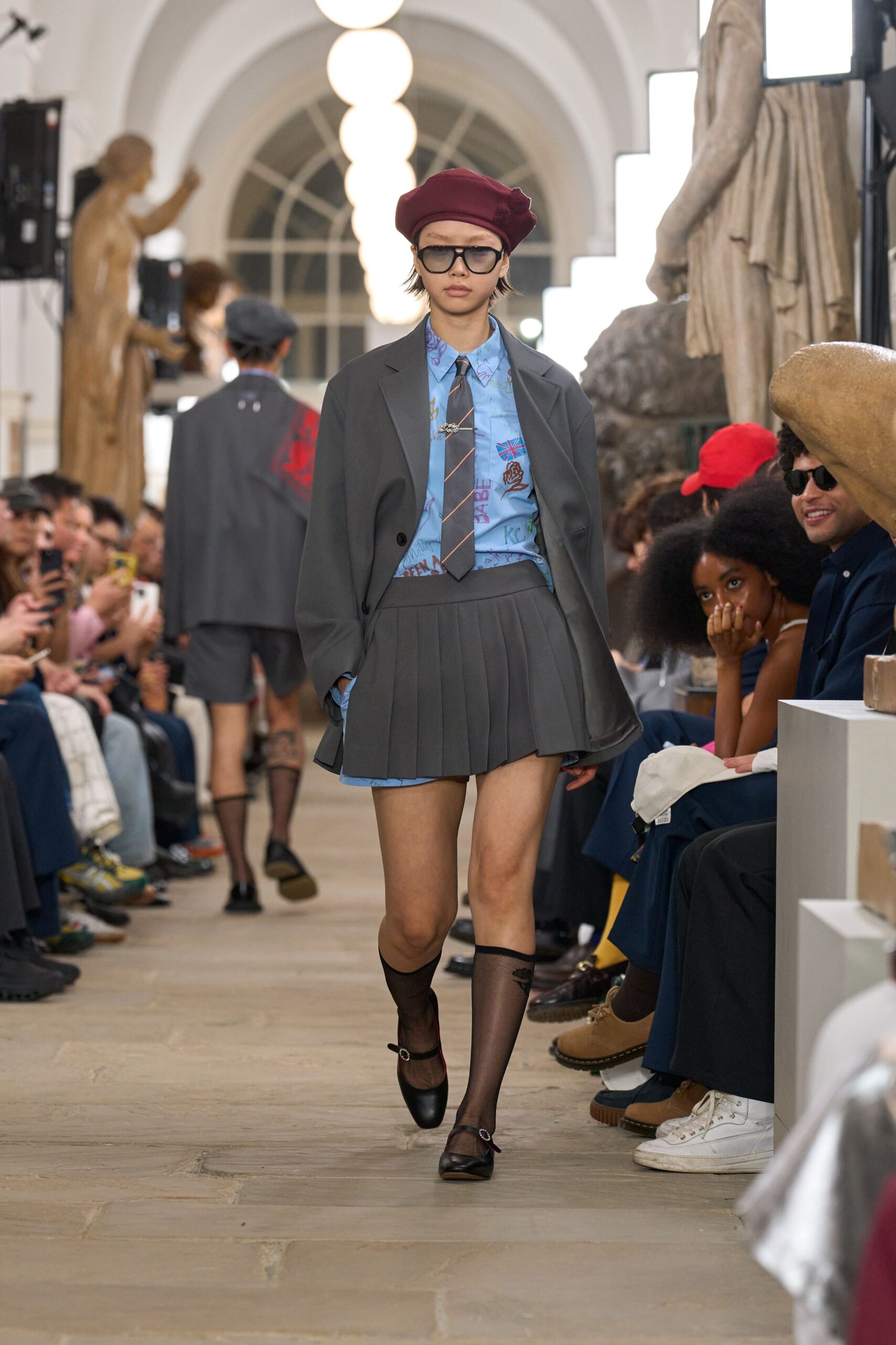 gray blazer blue shirt pleated skirt