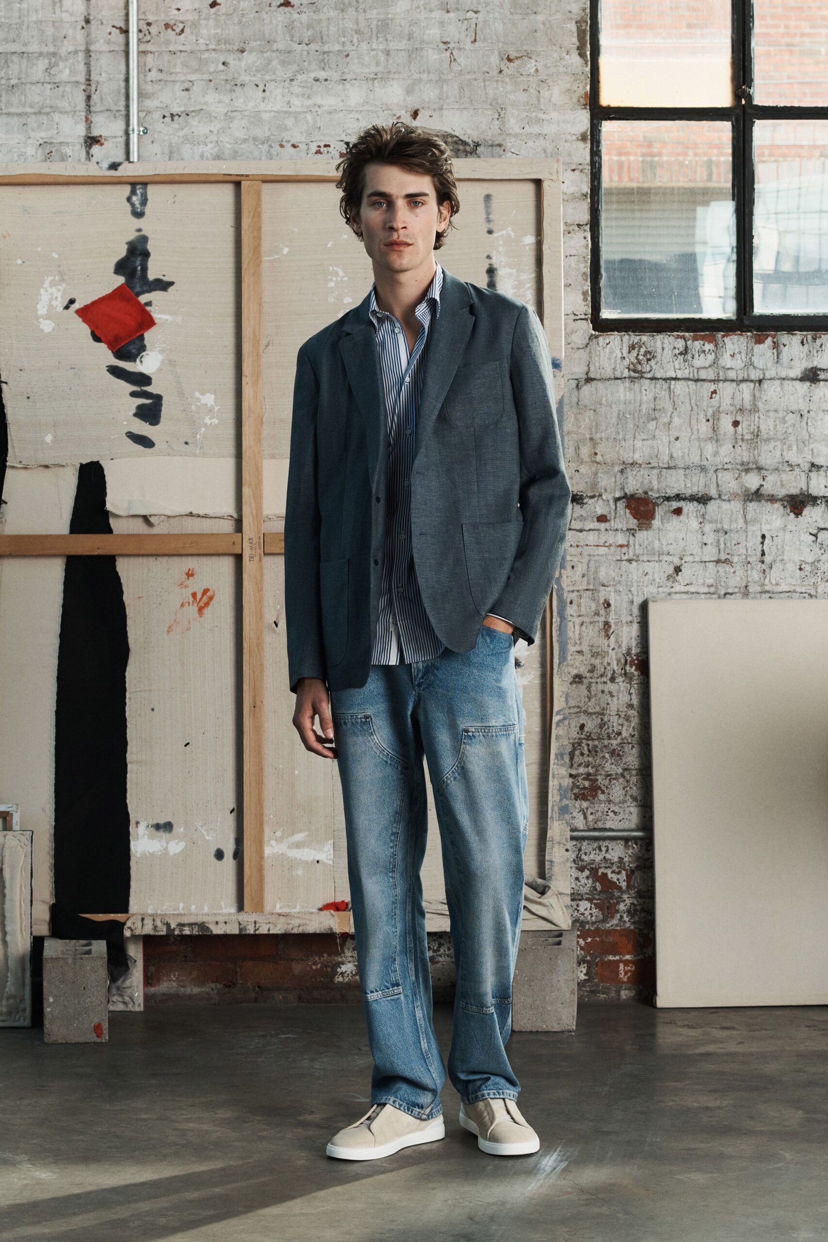 gray tailored blazer with striped shirt