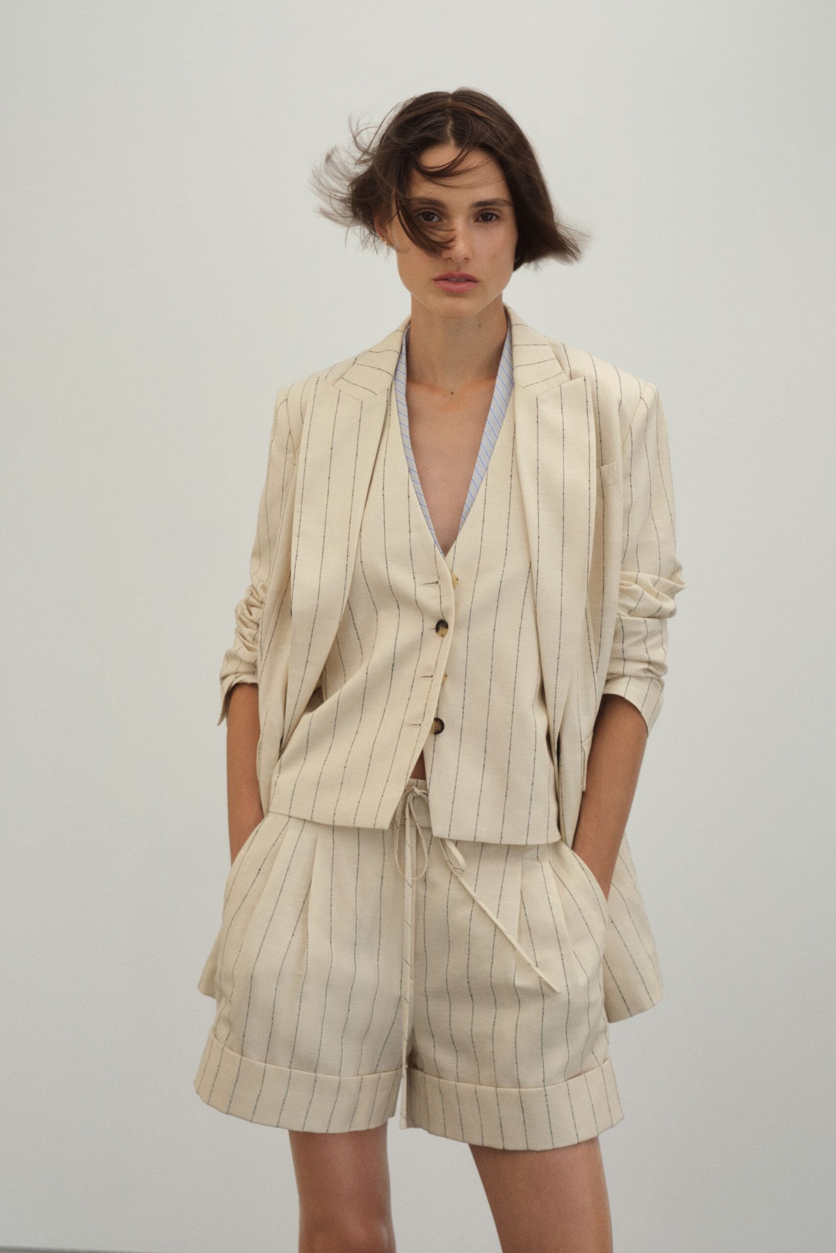 beige striped blazer vest shorts