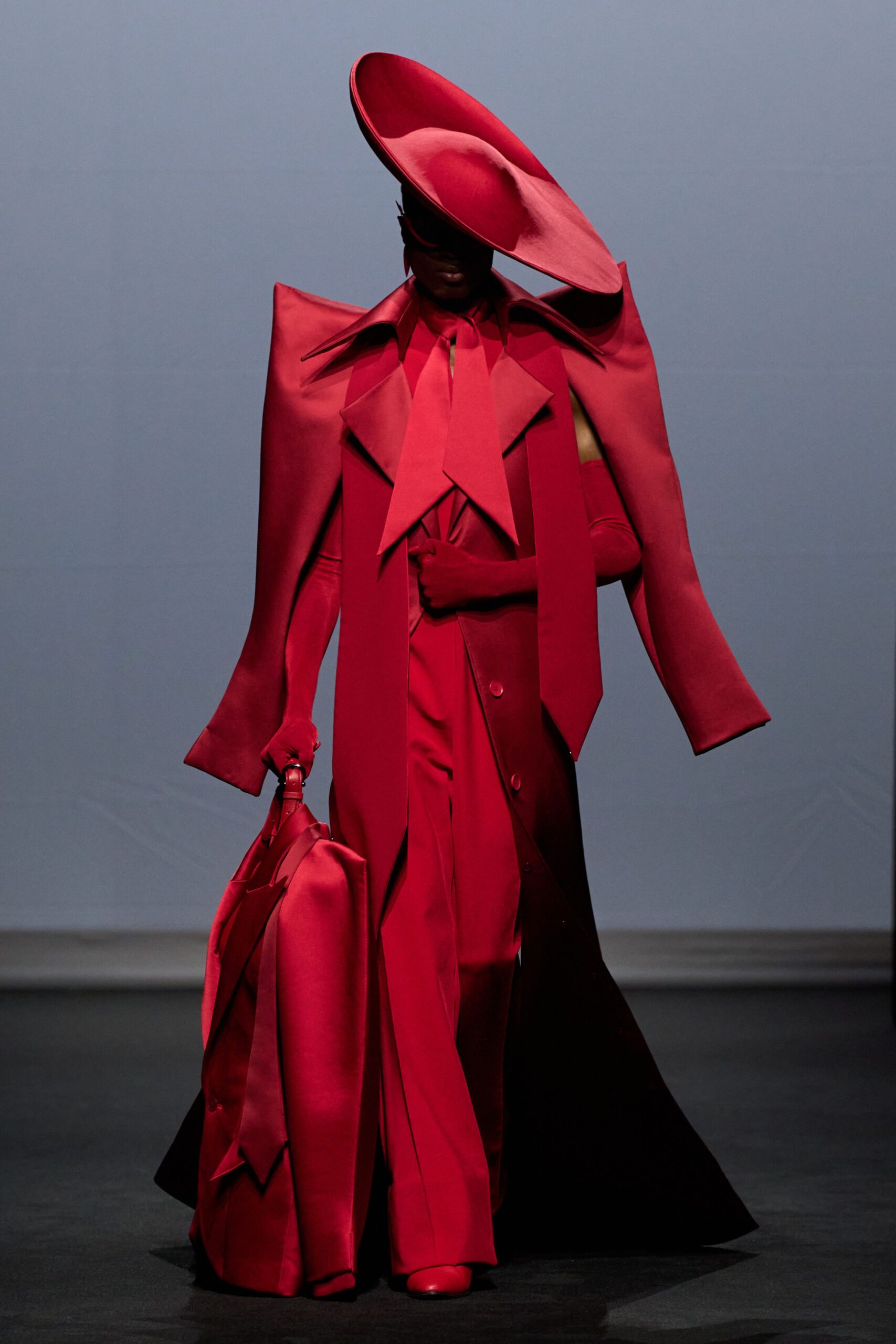 red silk long-sleeve collared structured layered coat
