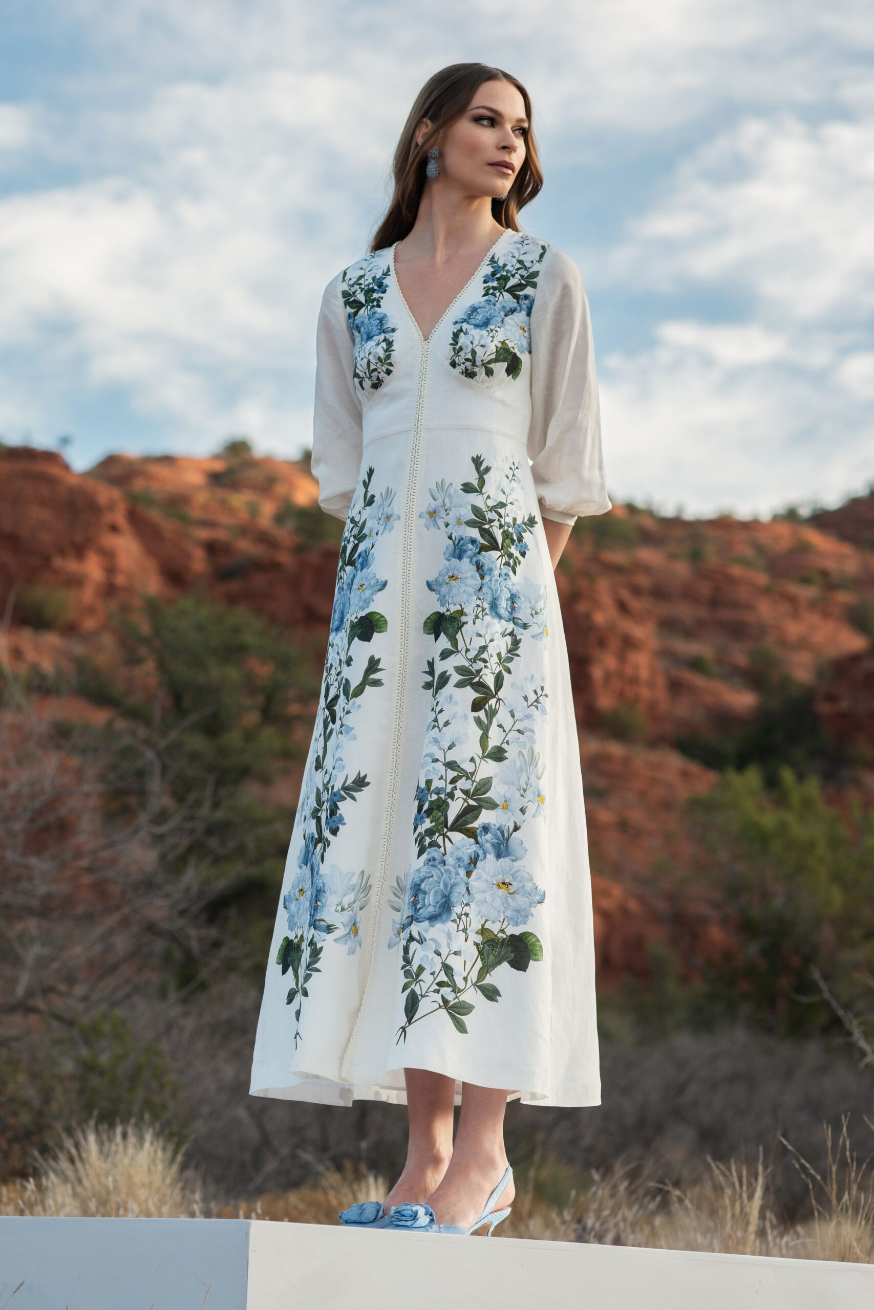 white floral embroidered midi dress