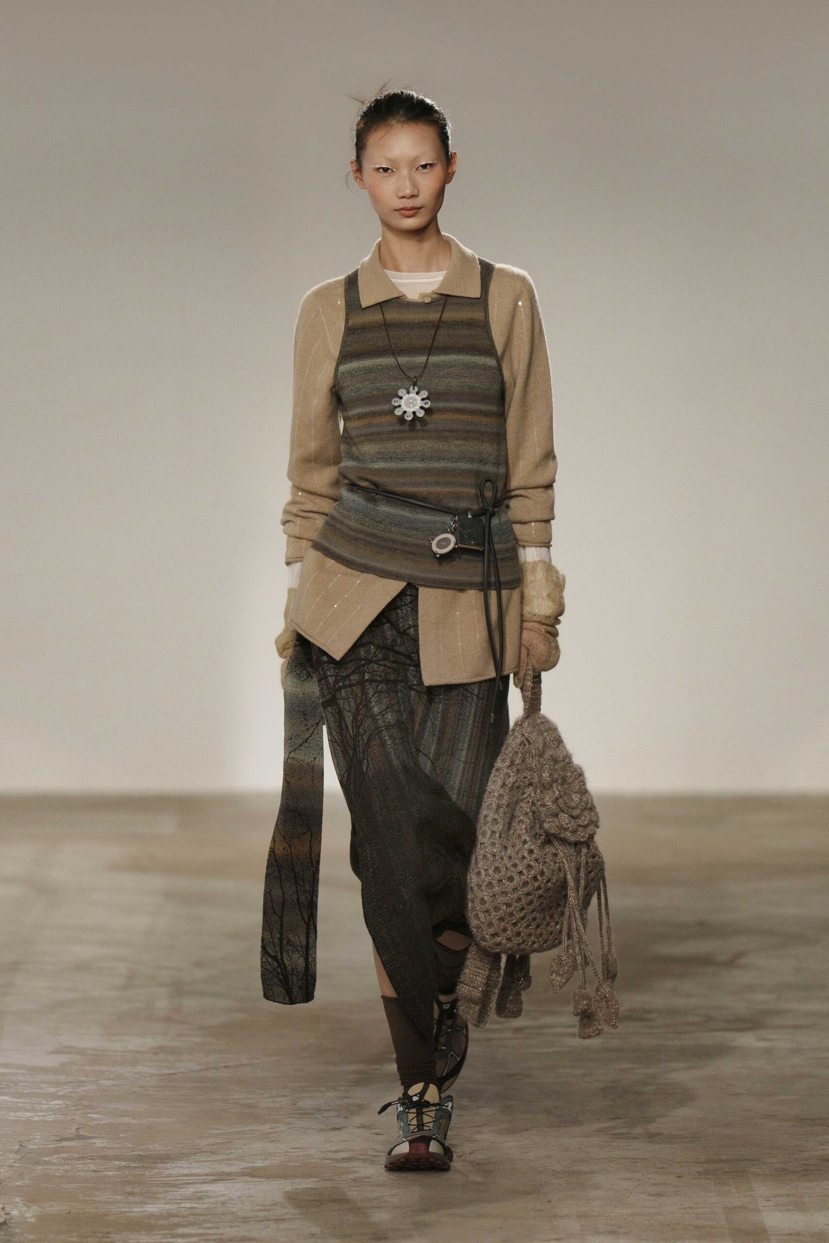 beige wool relaxed sweater with brown top