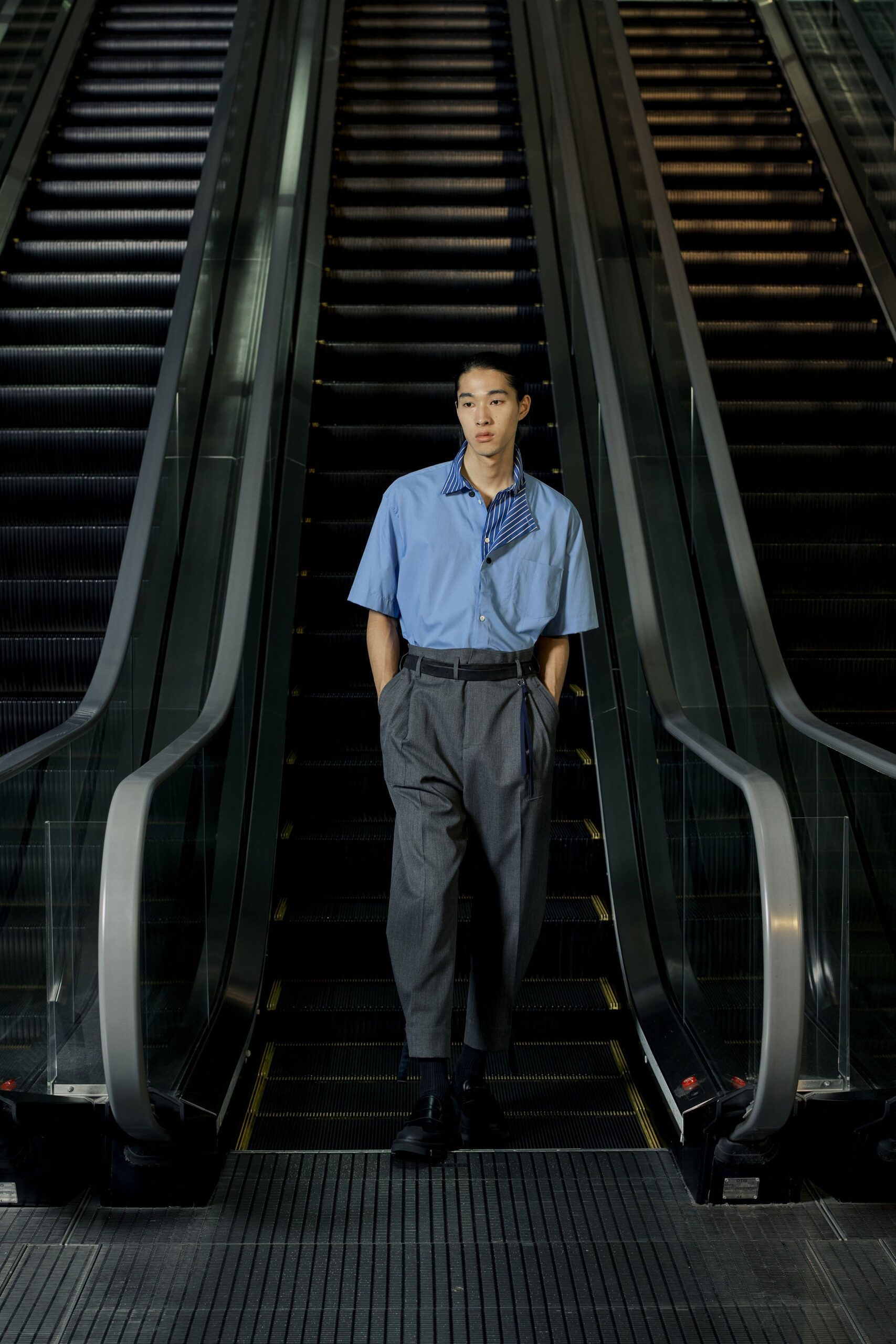 blue relaxed shirt gray tailored pants