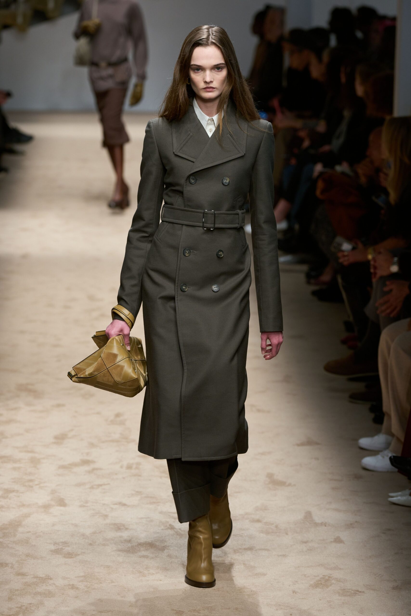 gray wool long-sleeve collared tailored belted midi trench
