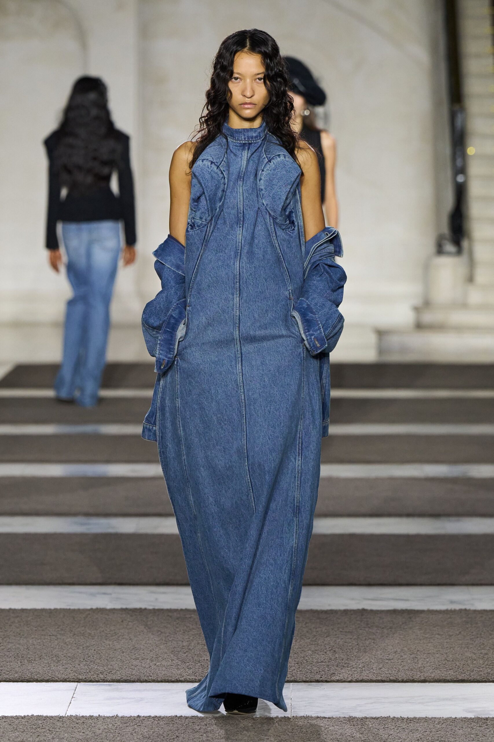 blue denim sleeveless high-neck fitted pockets zippered dress