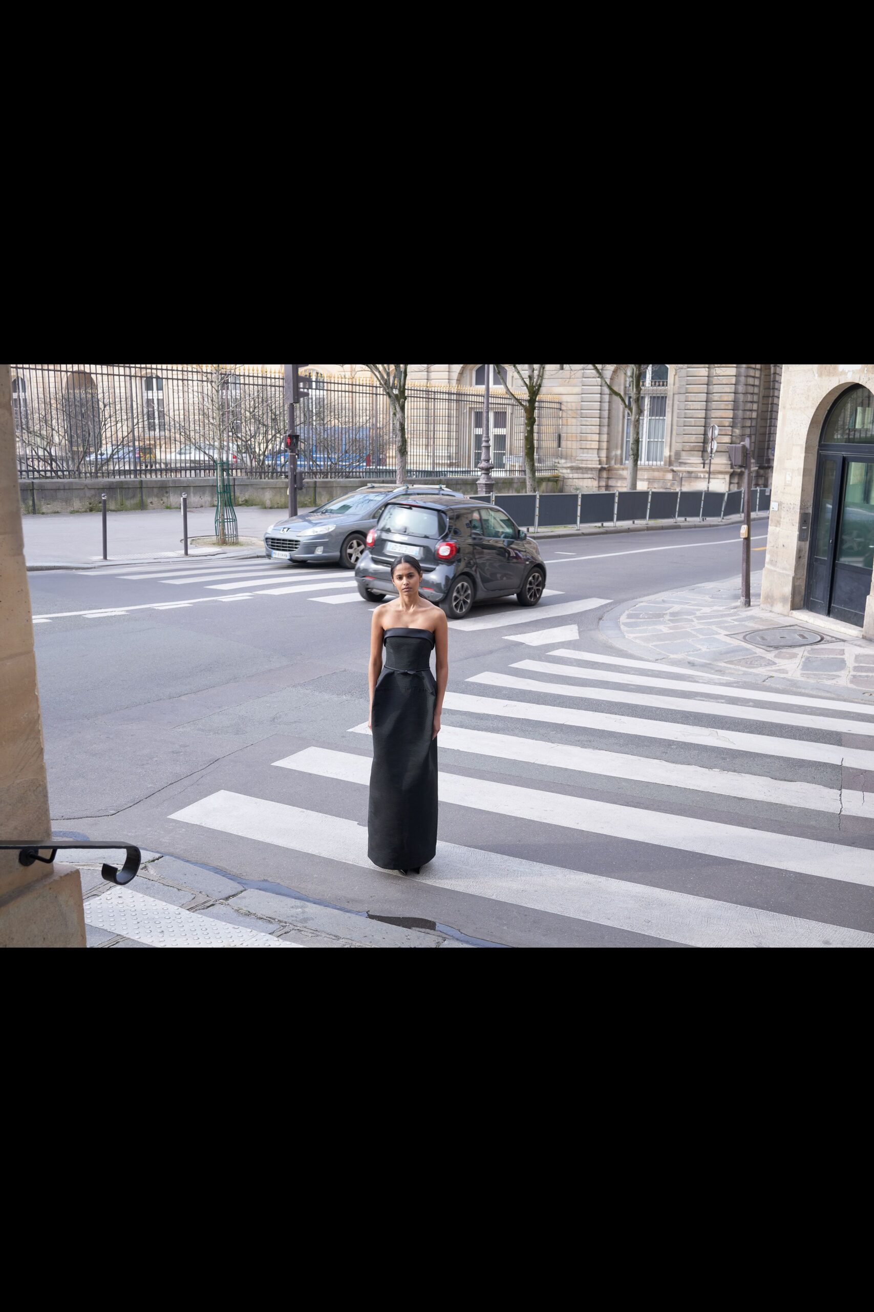 black silk strapless gown